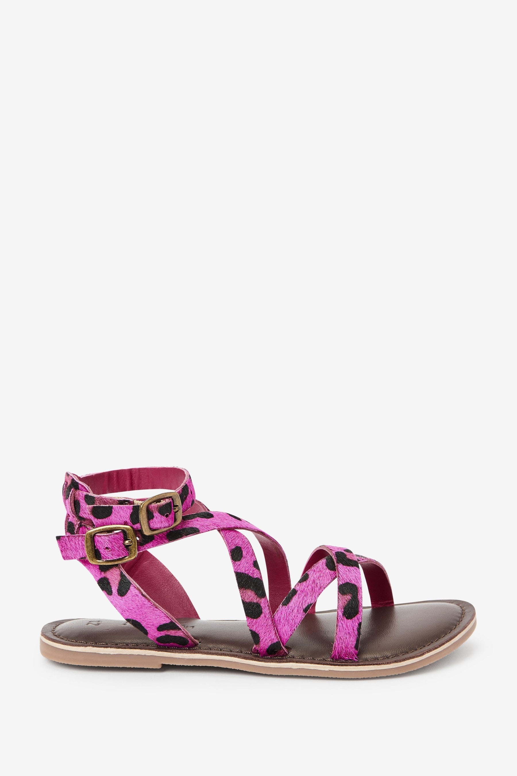 Pink/Black Animal Leather Gladiator Sandals