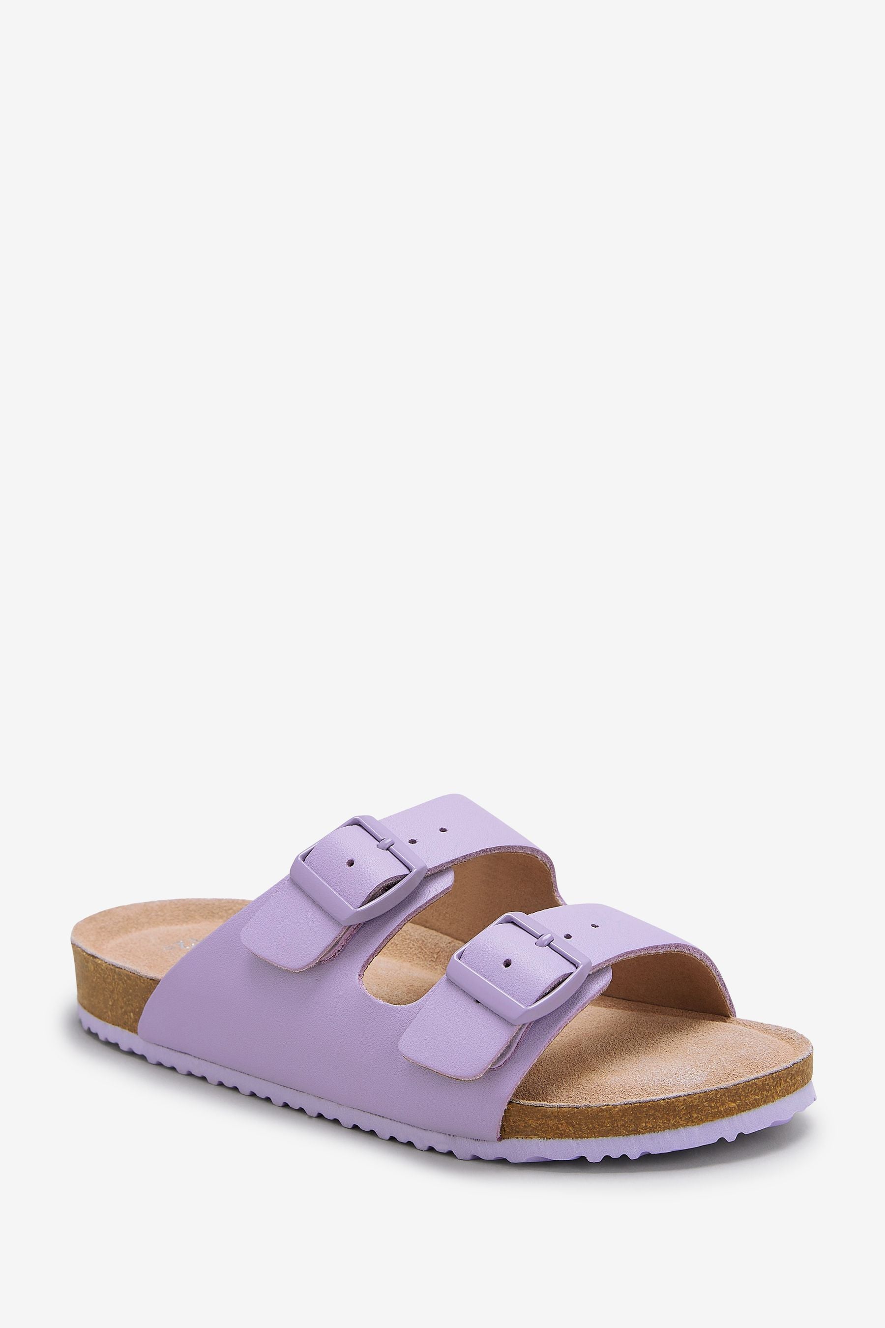 Lilac Purple Leather Double Buckle Corkbed Sandals