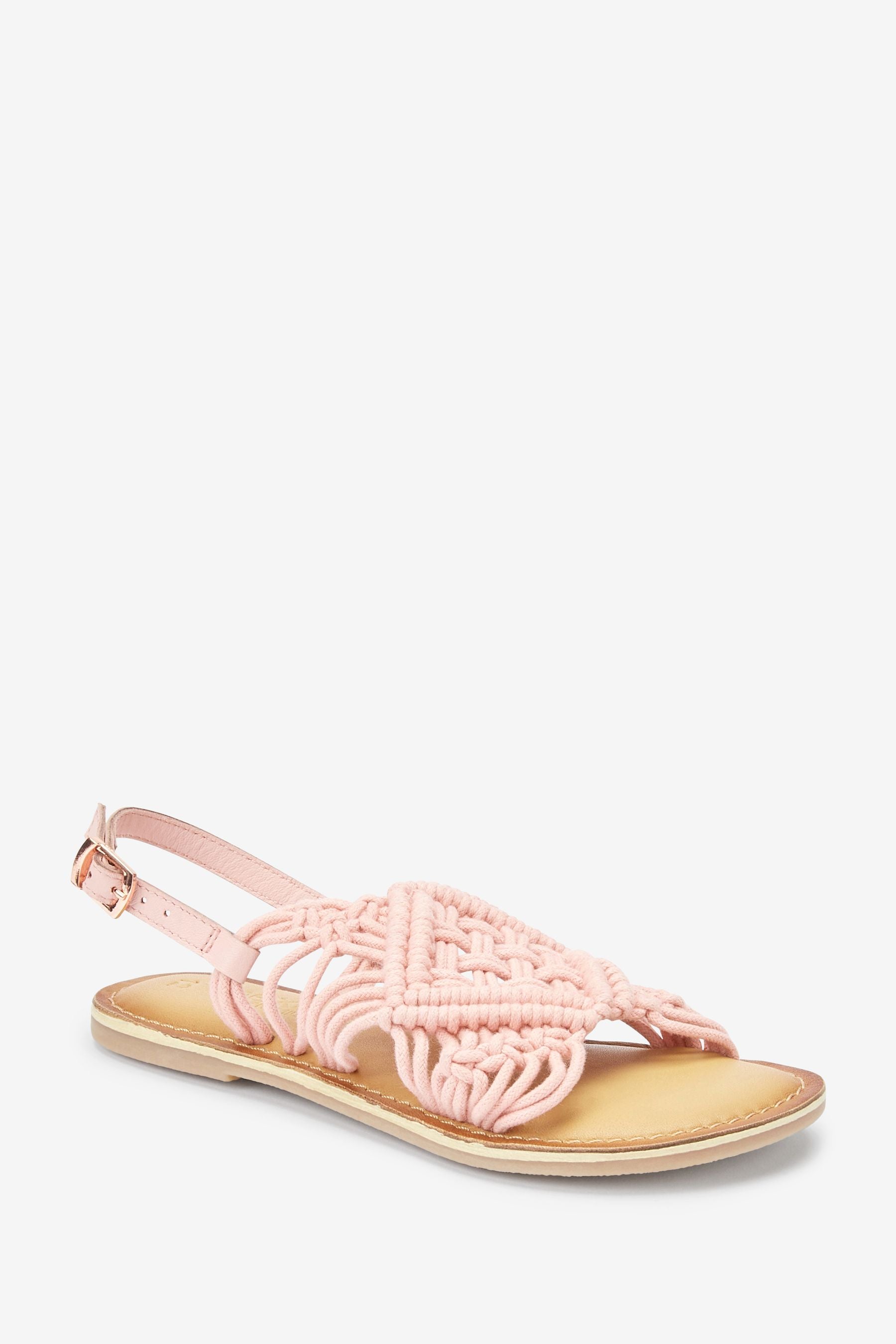 Pink Woven Macrame Leather Sandals