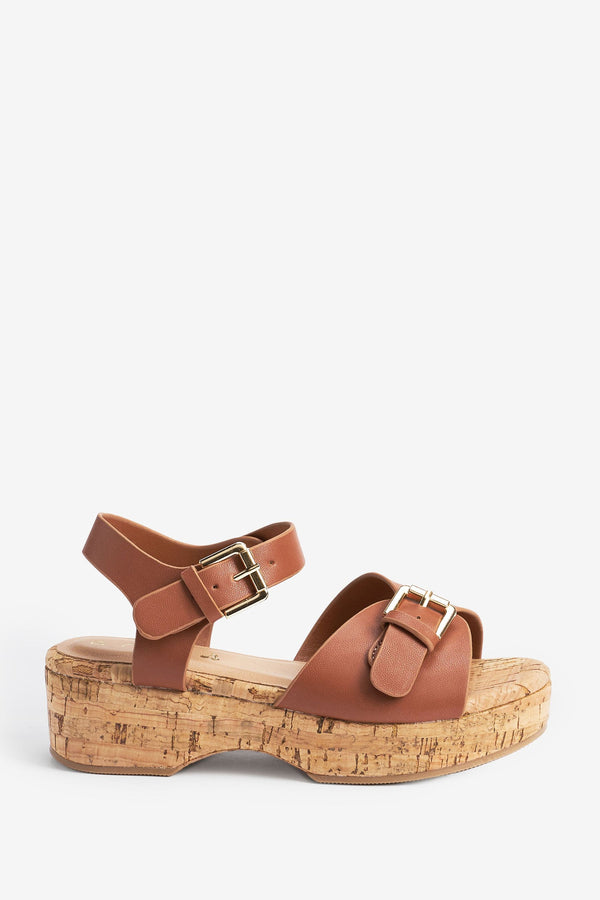 Brown Buckle Wedge Sandals