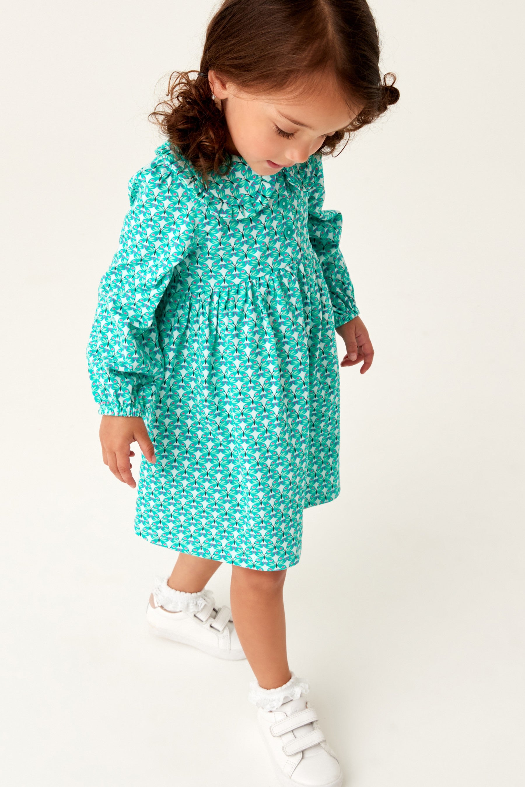 Green Geo Butterfly Long Sleeve Jersey Tea Dress (3mths-7yrs)