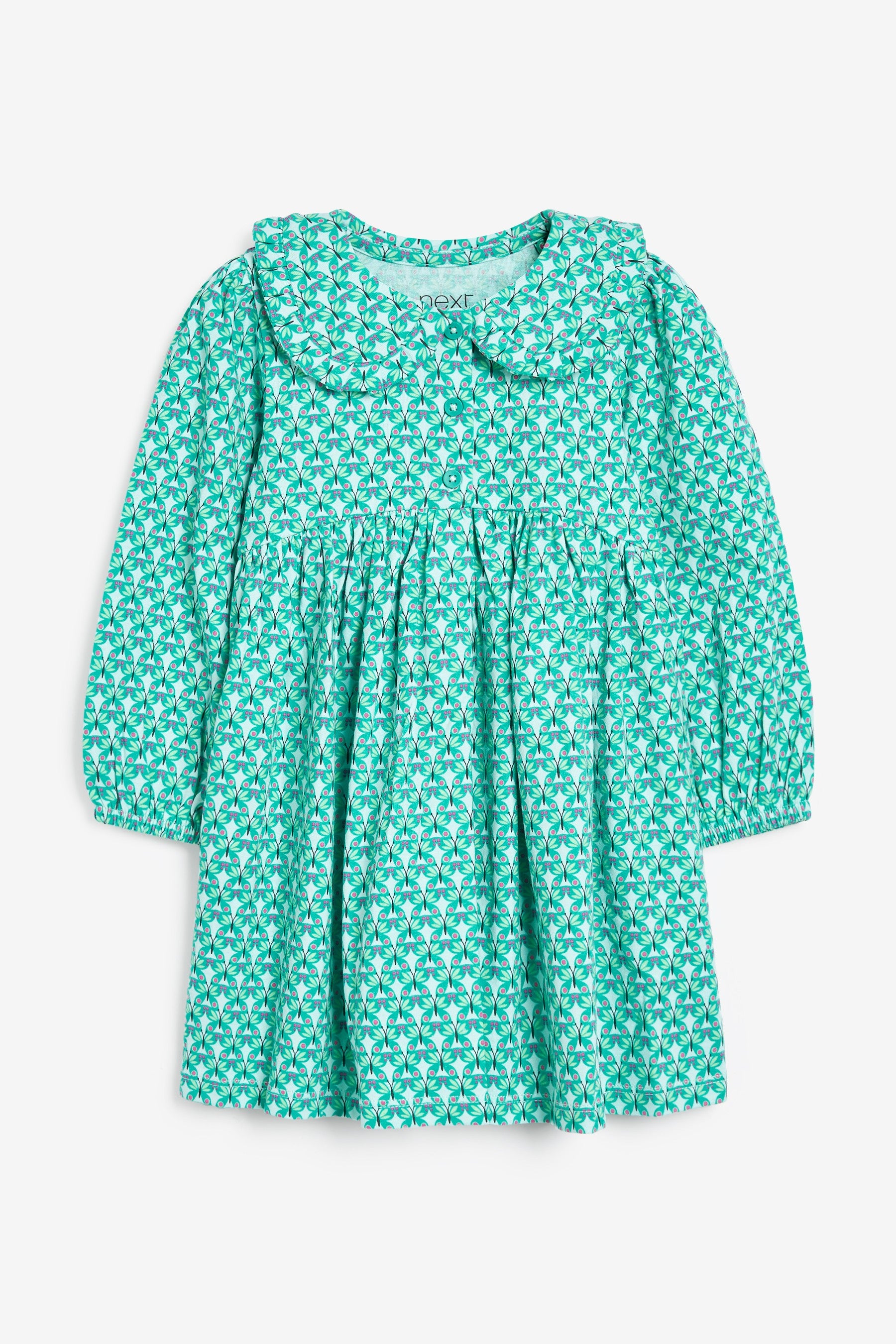 Green Geo Butterfly Long Sleeve Jersey Tea Dress (3mths-7yrs)