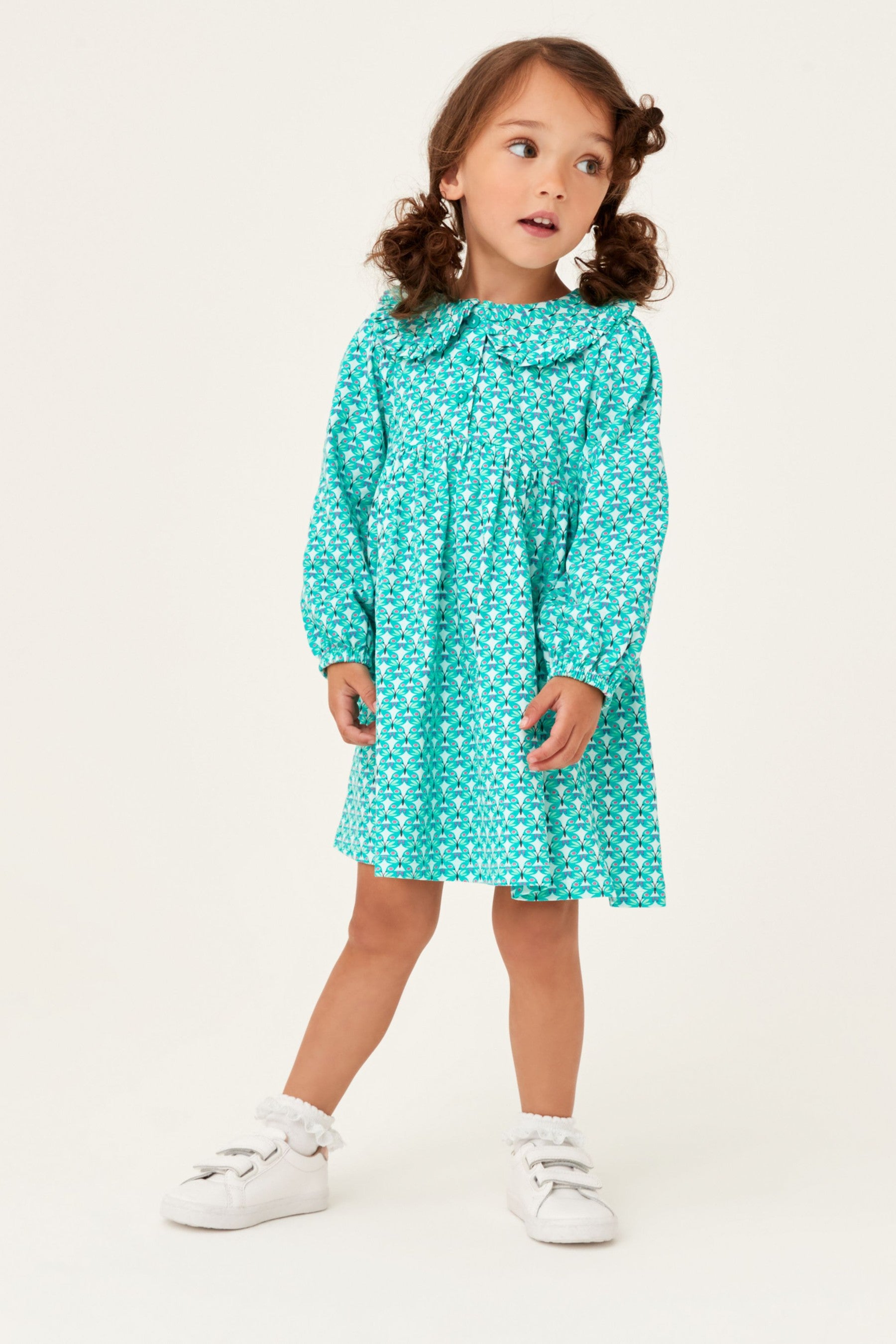 Green Geo Butterfly Long Sleeve Jersey Tea Dress (3mths-7yrs)