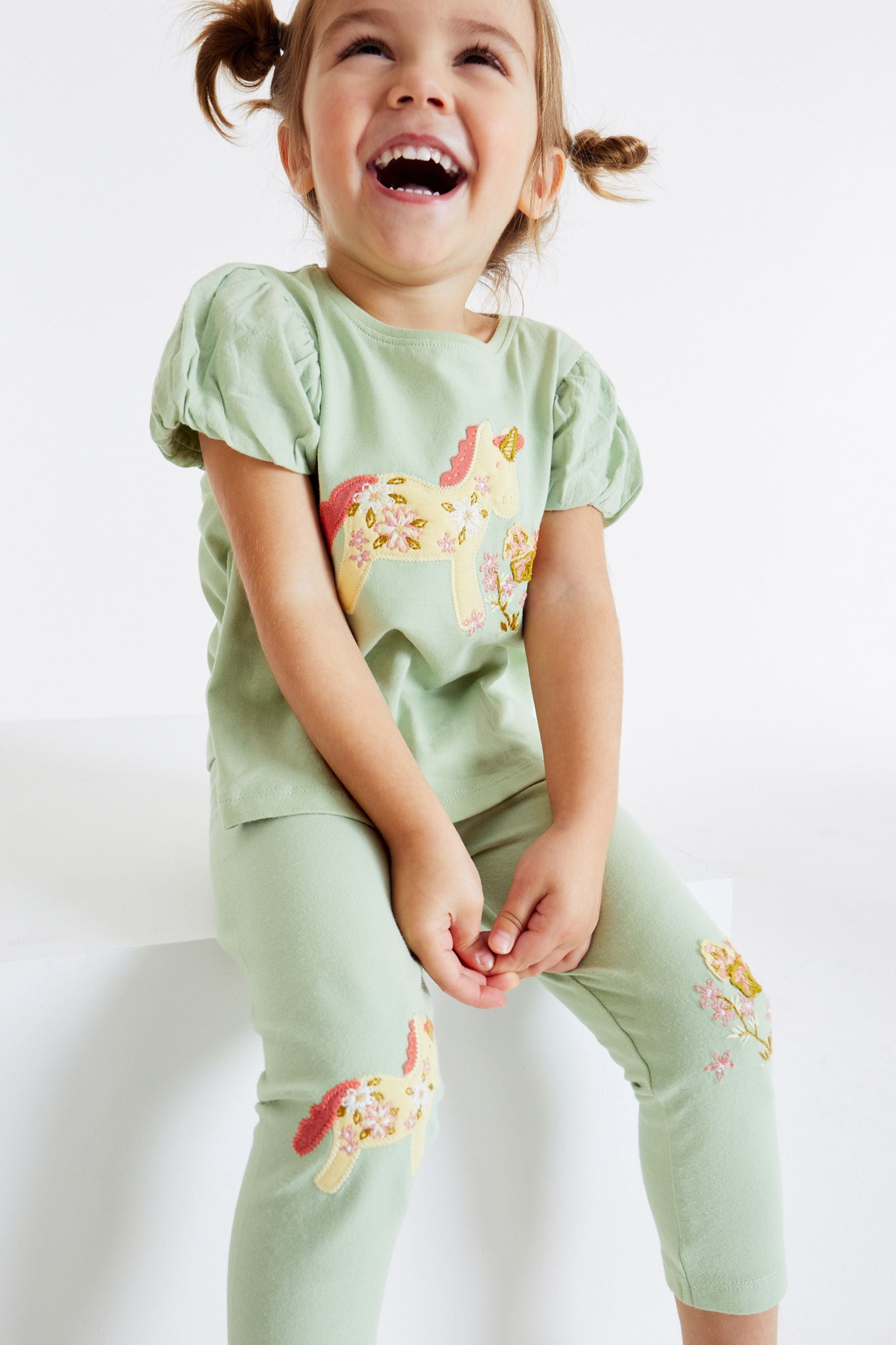 Sage Green Unicorn Embroidered Leggings (3mths-7yrs)