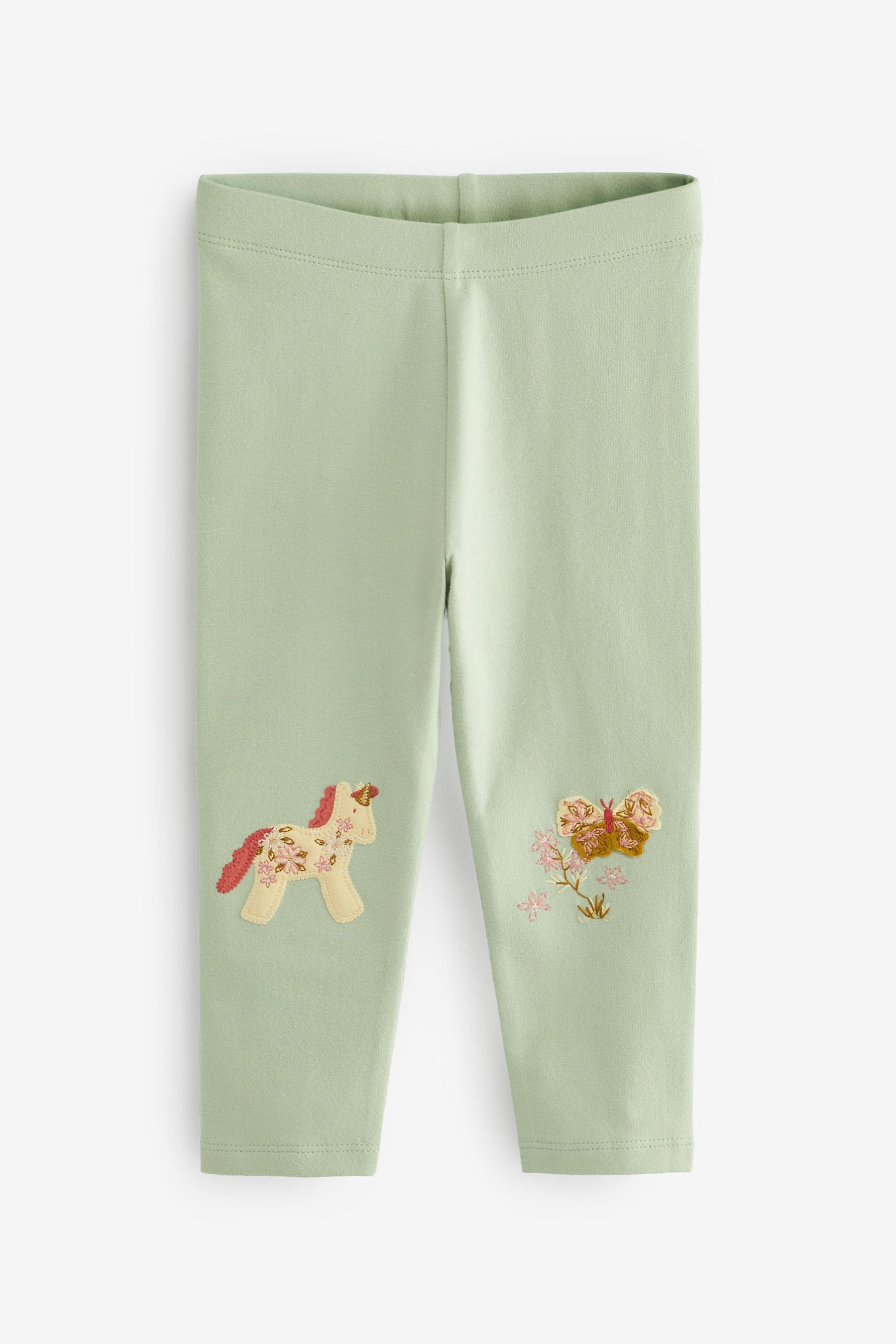 Sage Green Unicorn Embroidered Leggings (3mths-7yrs)