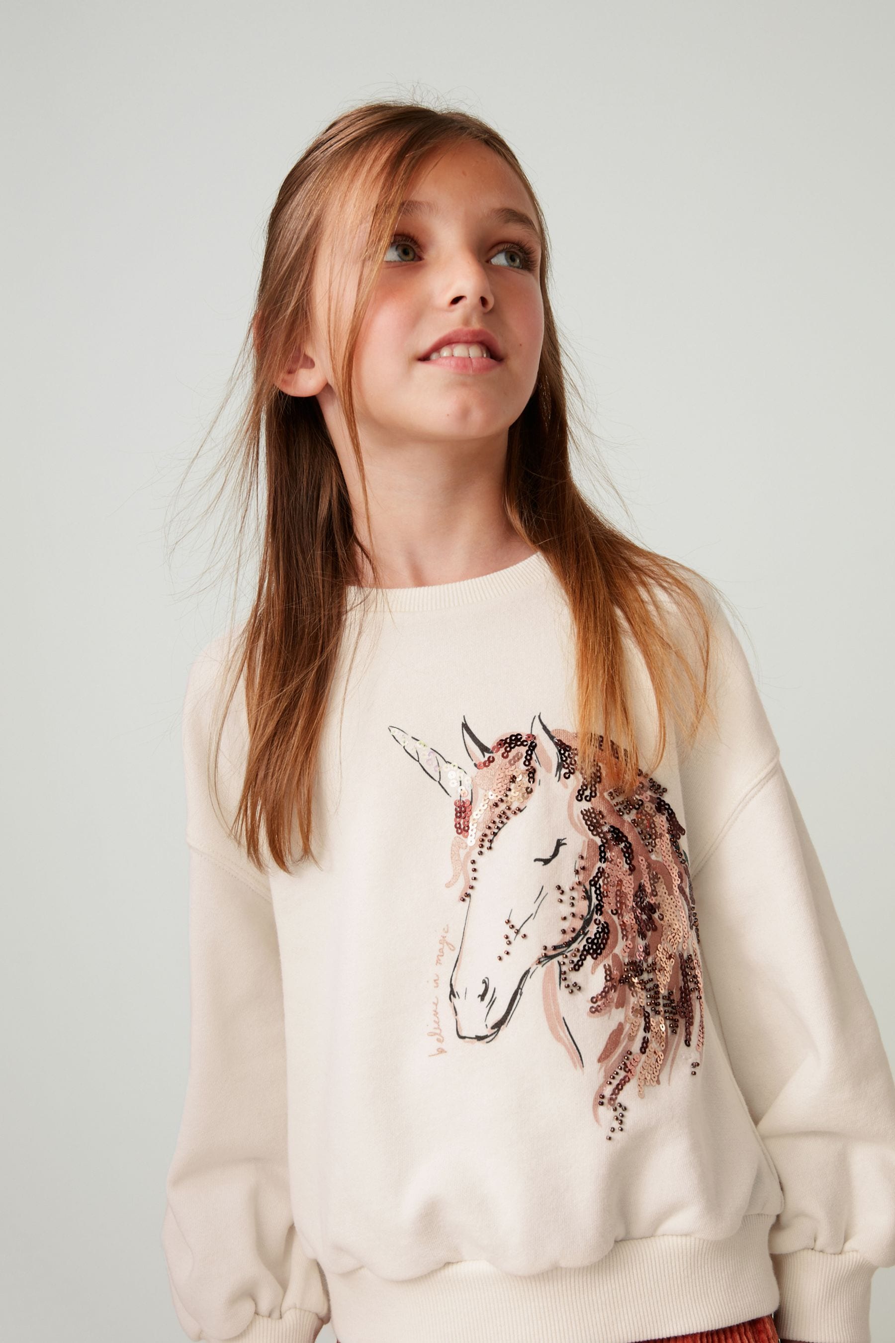 Ecru White Sequin Unicorn Crew Sweatshirt Top (3-16yrs)