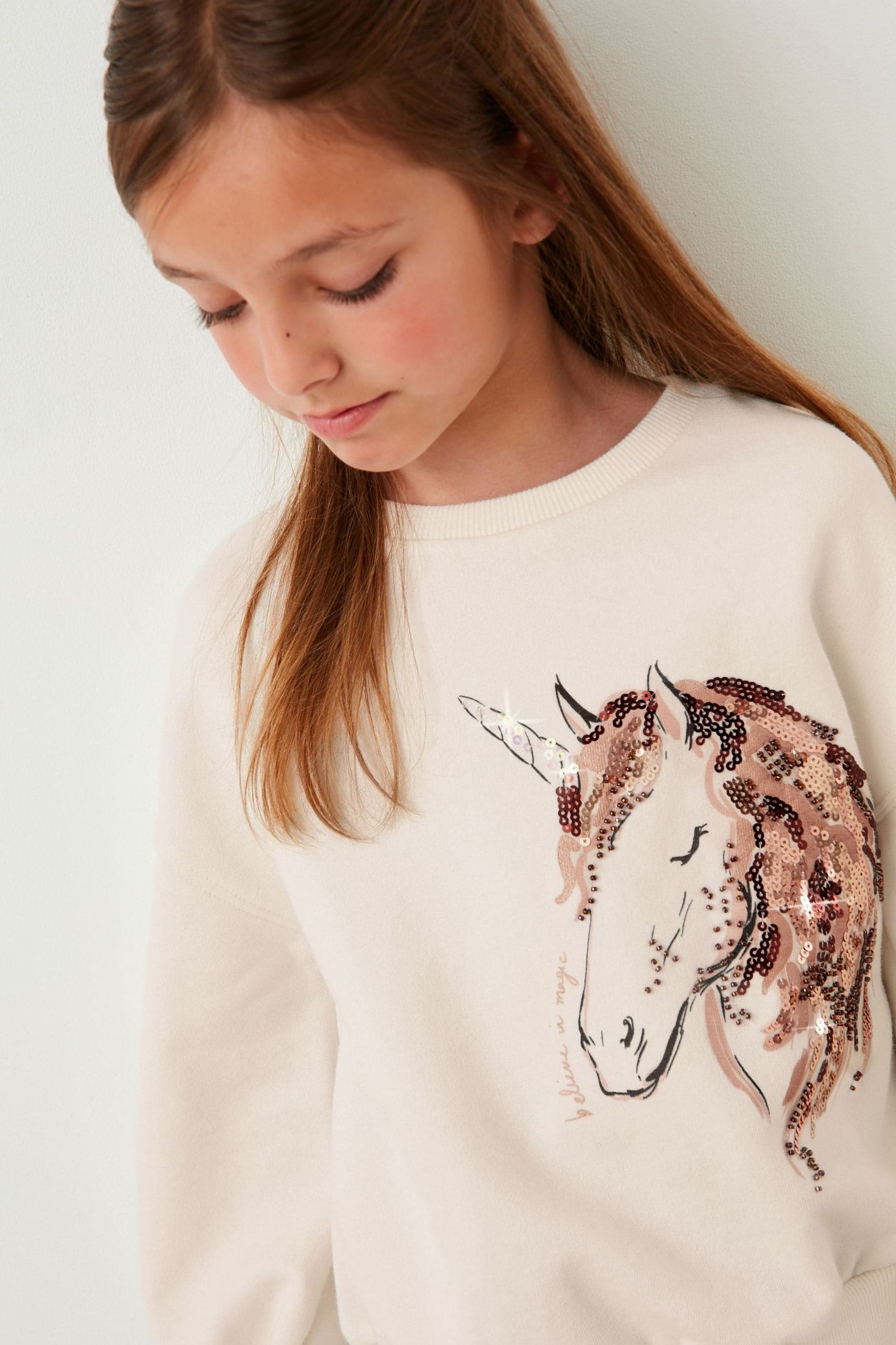 Ecru White Sequin Unicorn Crew Sweatshirt Top (3-16yrs)