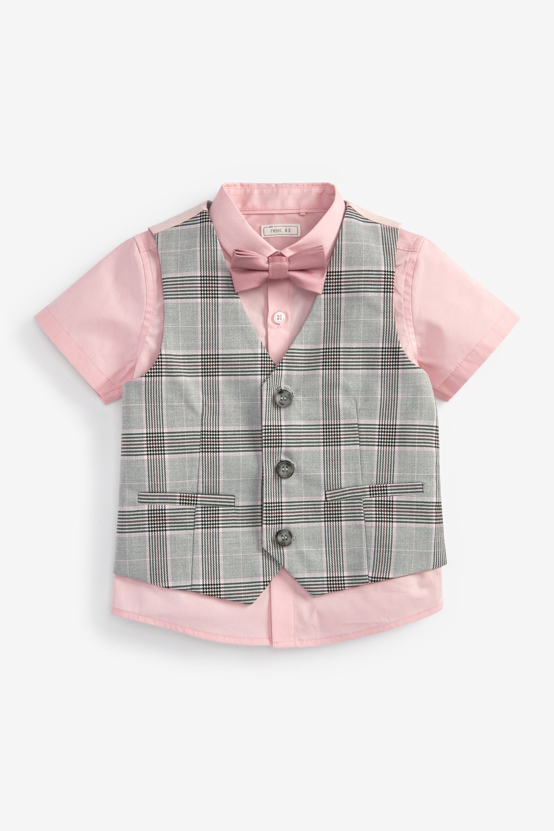 Grey  Waistcoat & Shirt Set Check With Pink Shirt (3mths-9yrs)