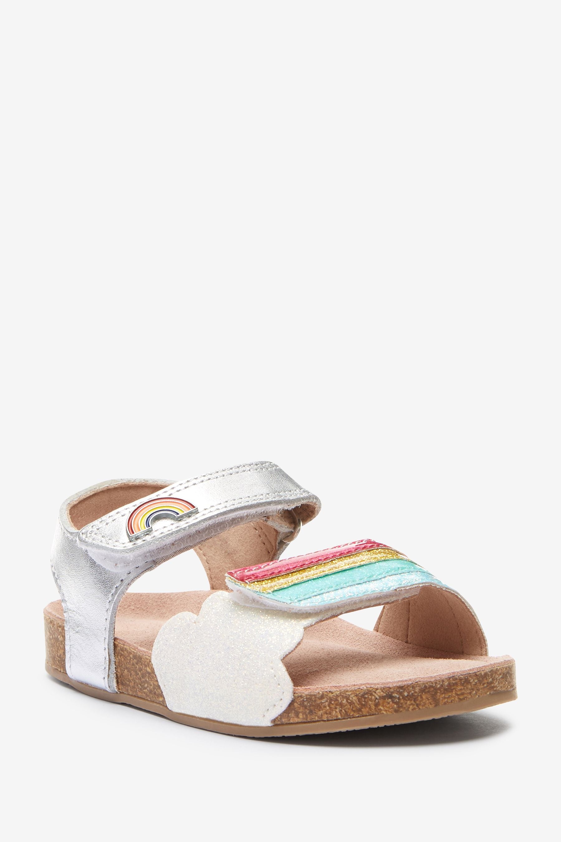 Silver Rainbow Leather Adjustable Strap Corkbed Sandals