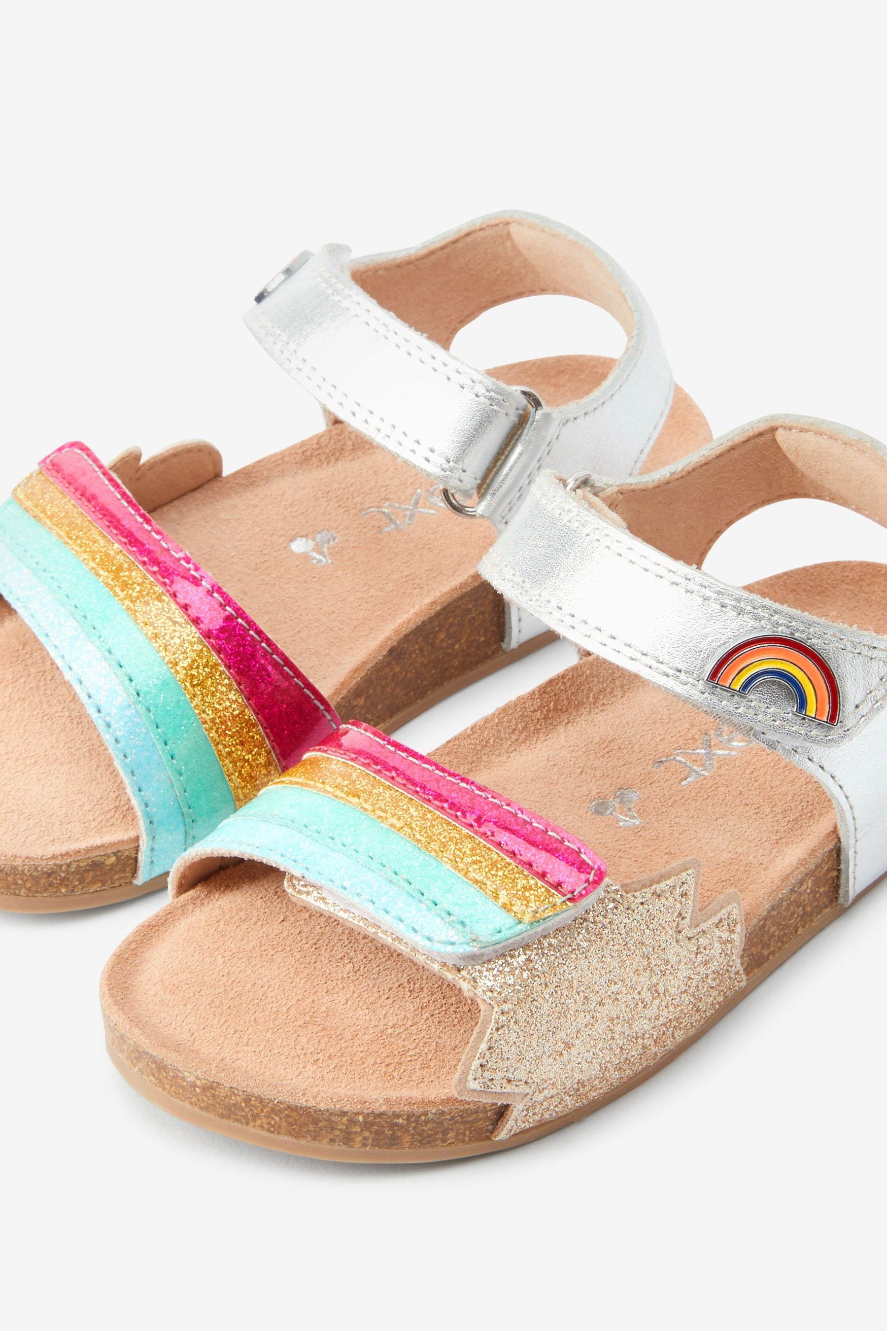 Silver Rainbow Leather Adjustable Strap Corkbed Sandals