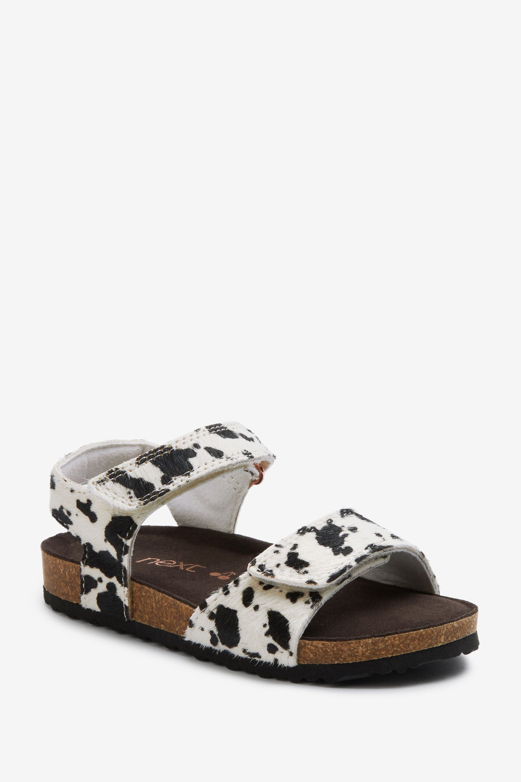 White Leather Cow Print Adjustable Strap Corkbed Sandals