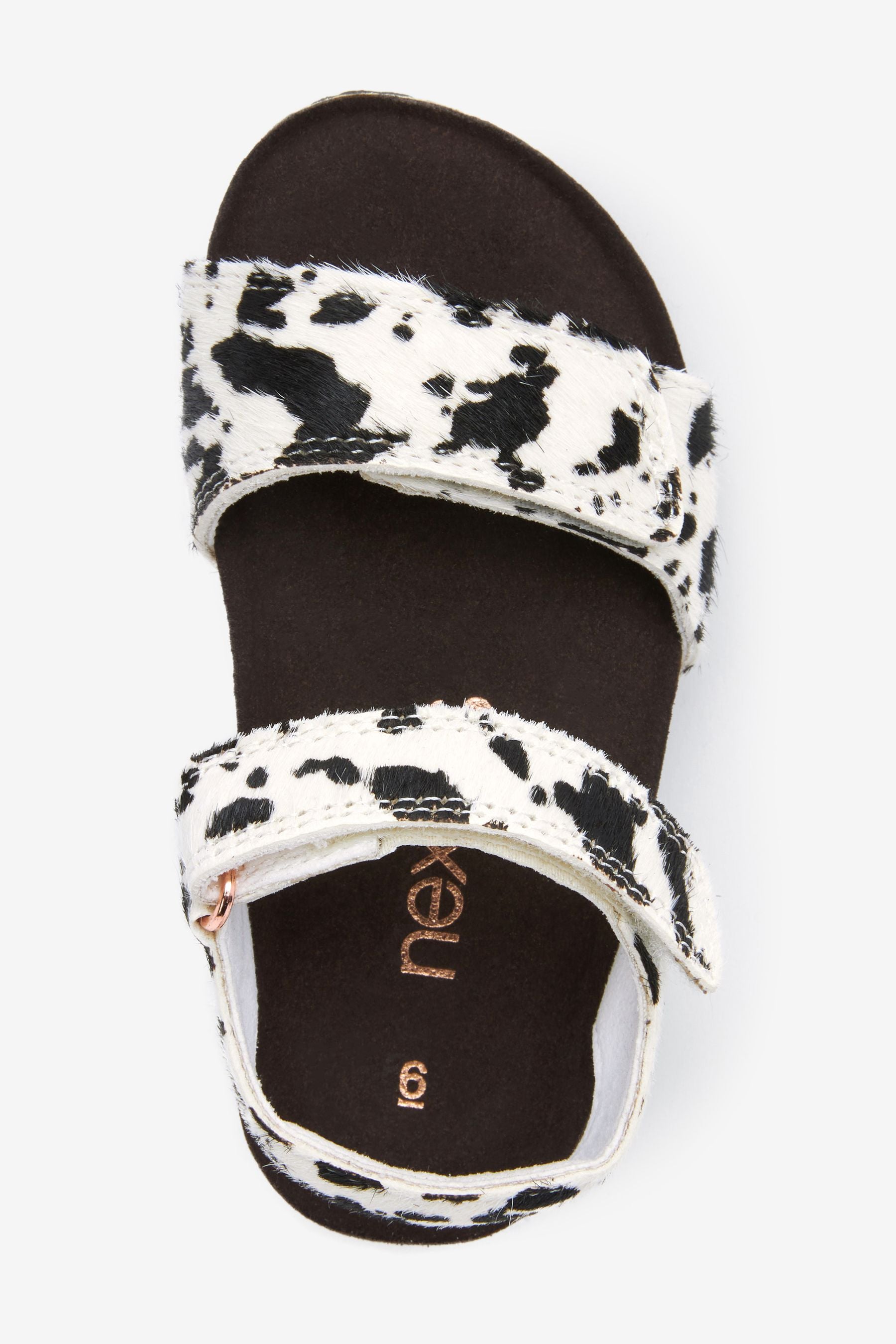 White Leather Cow Print Adjustable Strap Corkbed Sandals