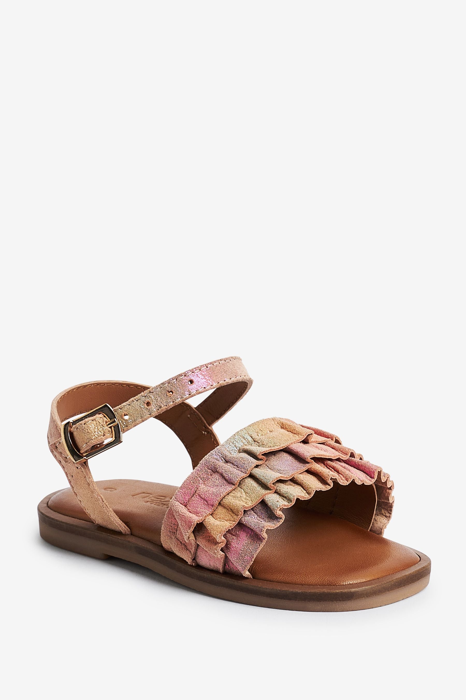 Pink Rainbow Leather Ruffle Sandals