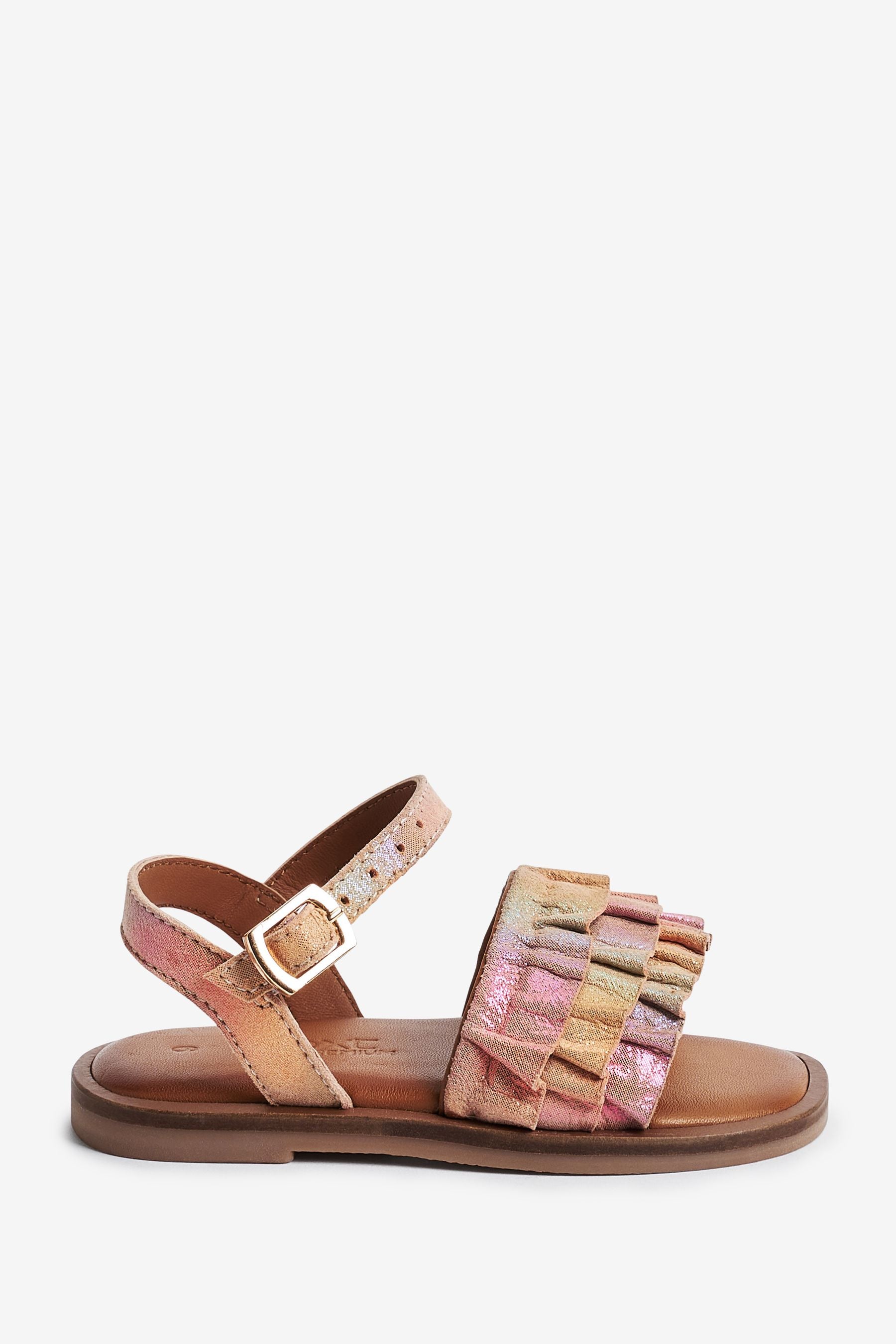 Pink Rainbow Leather Ruffle Sandals