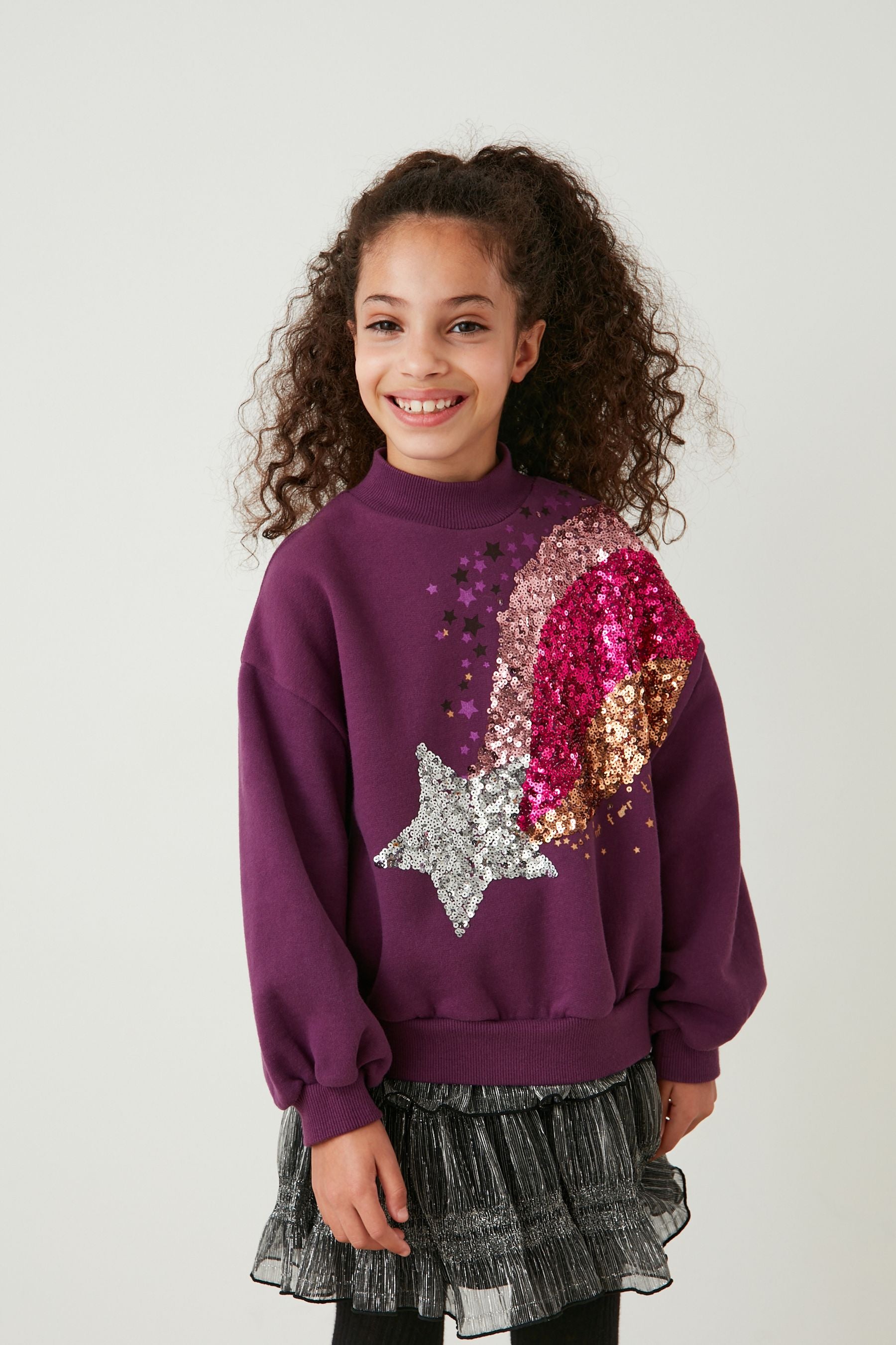 Purple Sequin Star Crew Sweatshirt Top (3-16yrs)