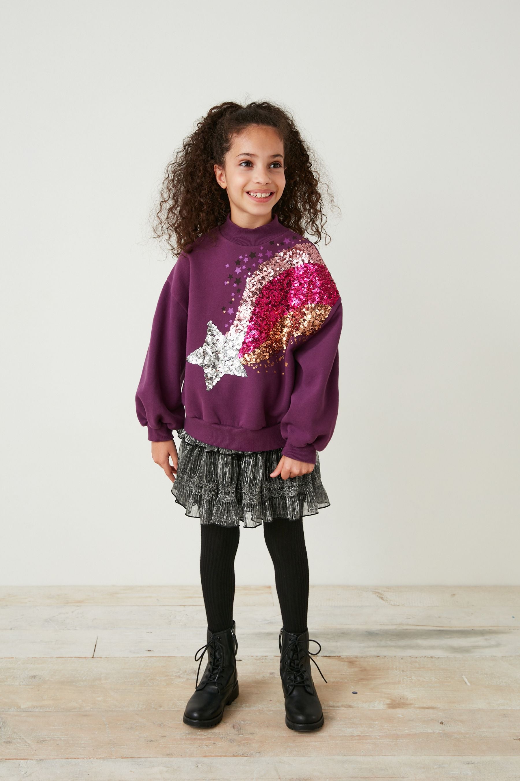 Purple Sequin Star Crew Sweatshirt Top (3-16yrs)