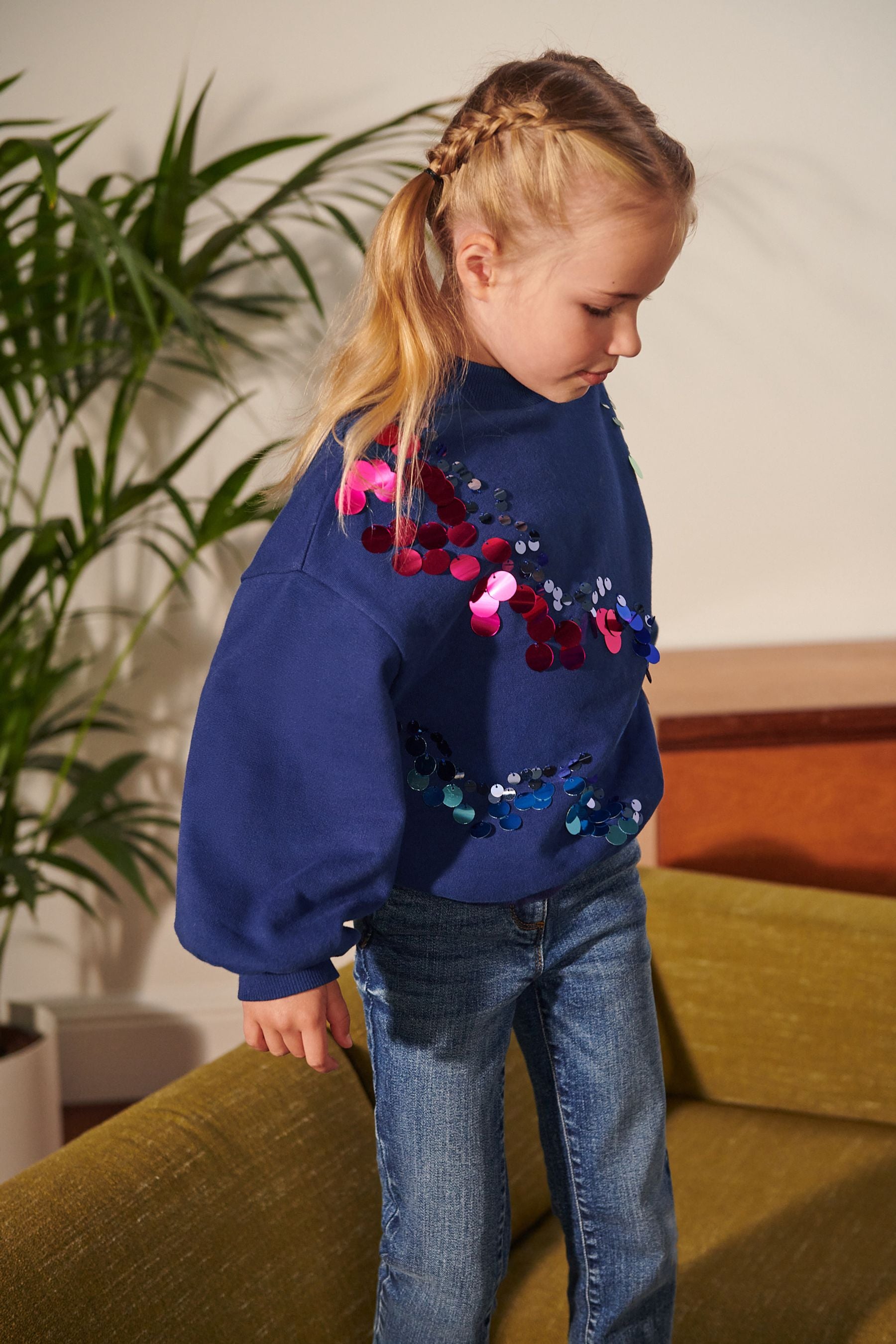 Navy Blue Multi Sequin Crew Sweatshirt Top (3-16yrs)