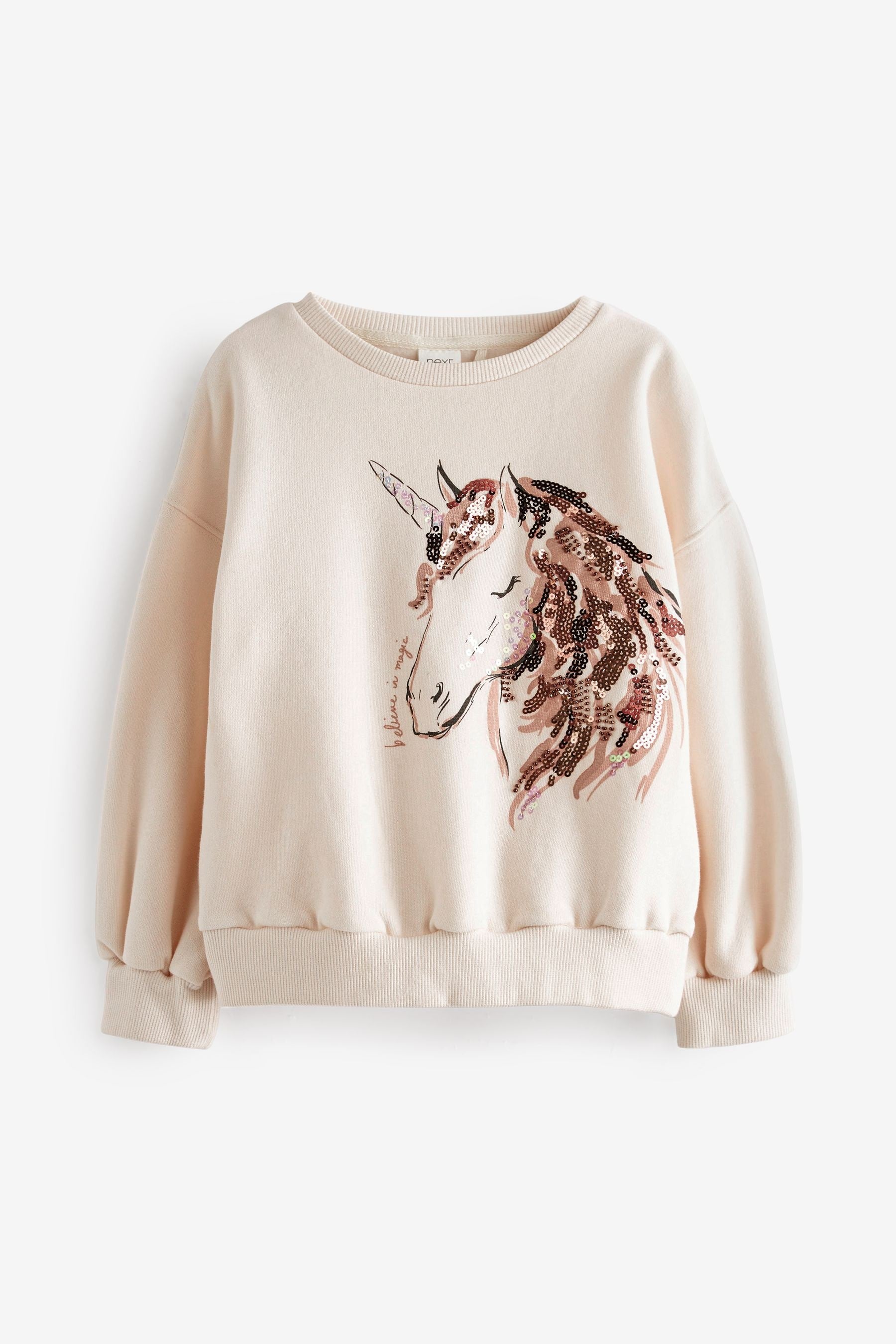 Ecru White Sequin Unicorn Crew Sweatshirt Top (3-16yrs)