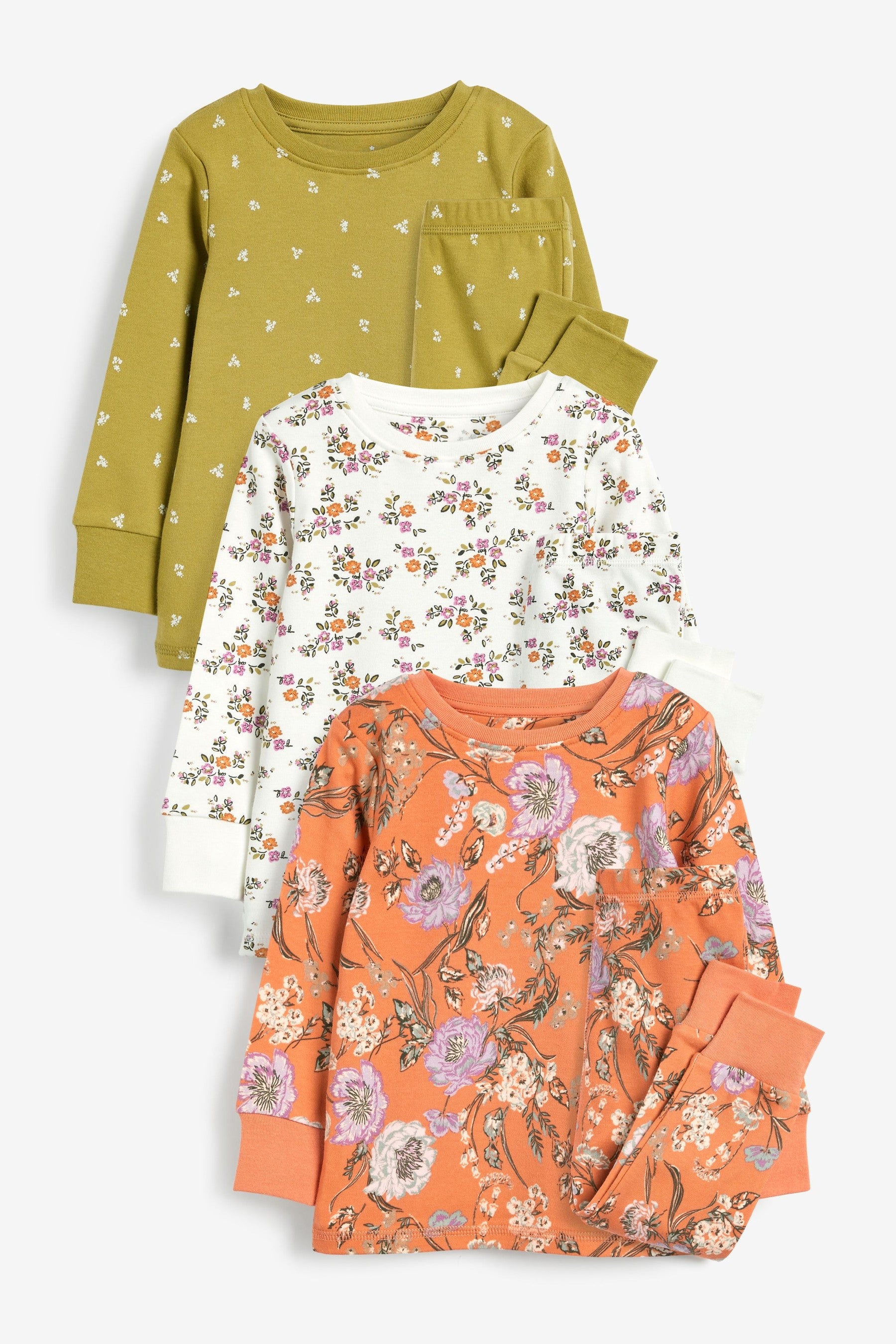 Orange/Ochre/Cream Floral 3 Pack Pyjamas (9mths-8yrs)