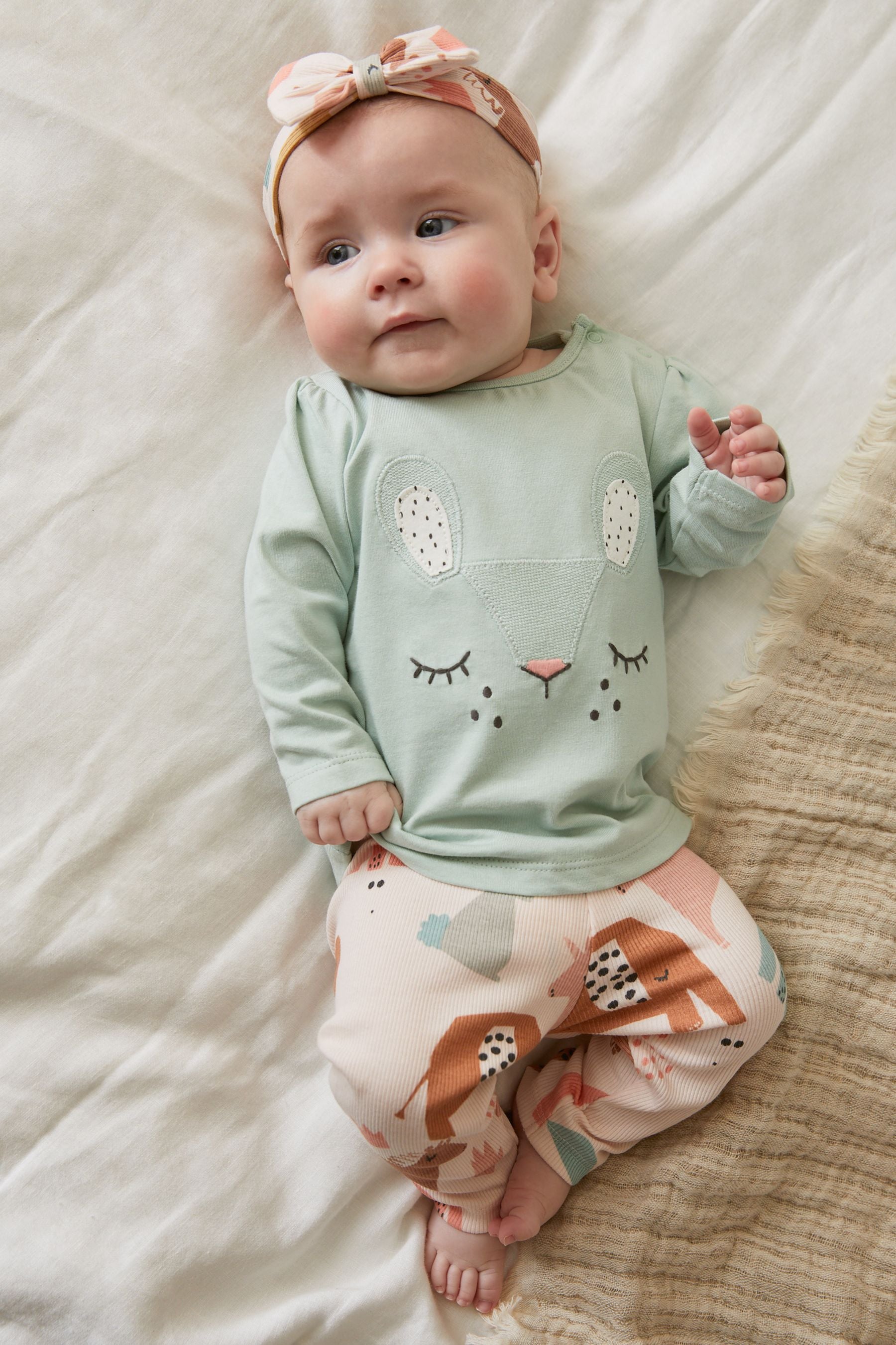 Teal Blue and Pink Baby Bunny 3 Piece T-Shirt, Leggings And Headband Set (0mths-2yrs)