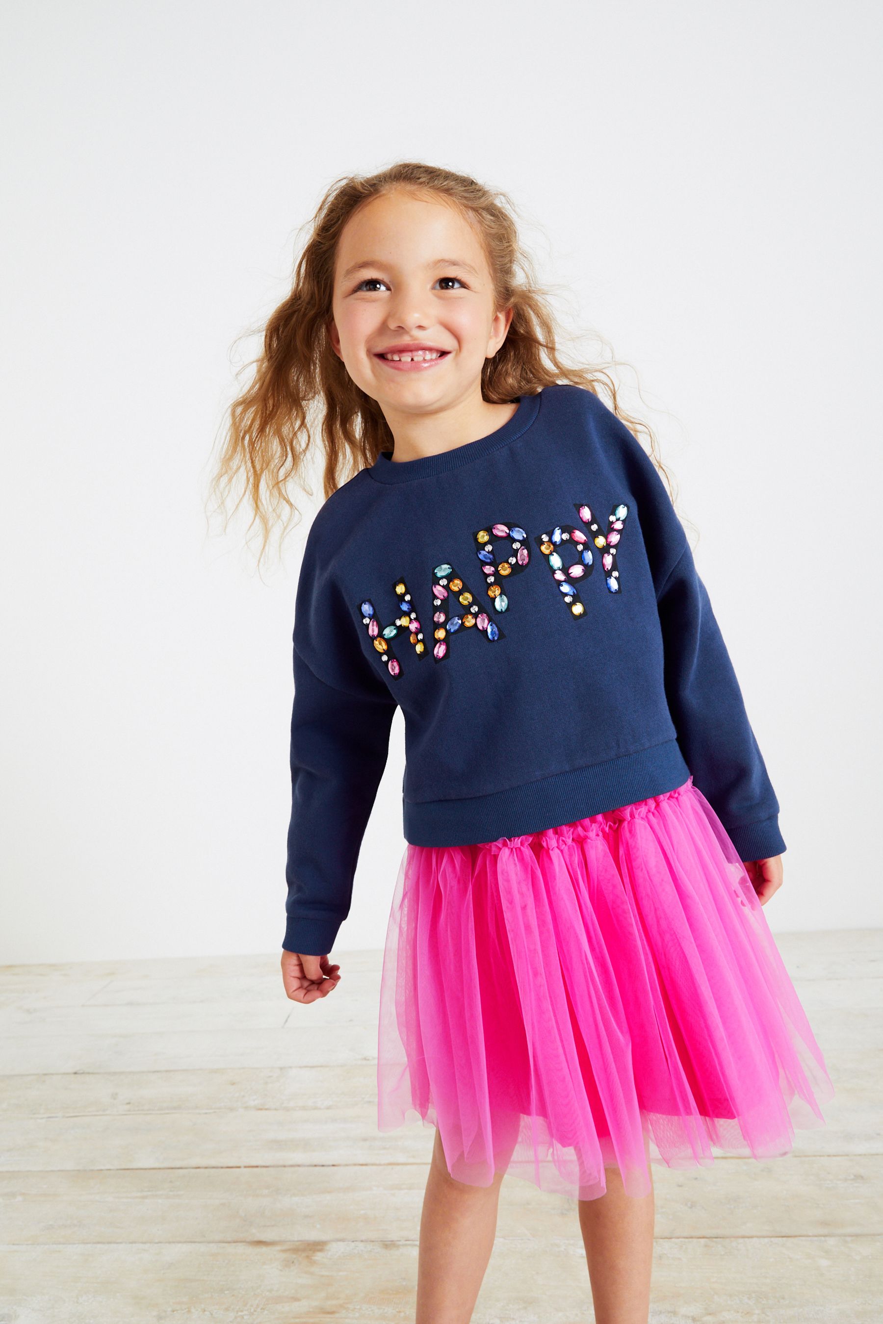 Pink Jewel Embellished Sweatshirt And Tulle Mesh Skirt Set (3-16yrs)