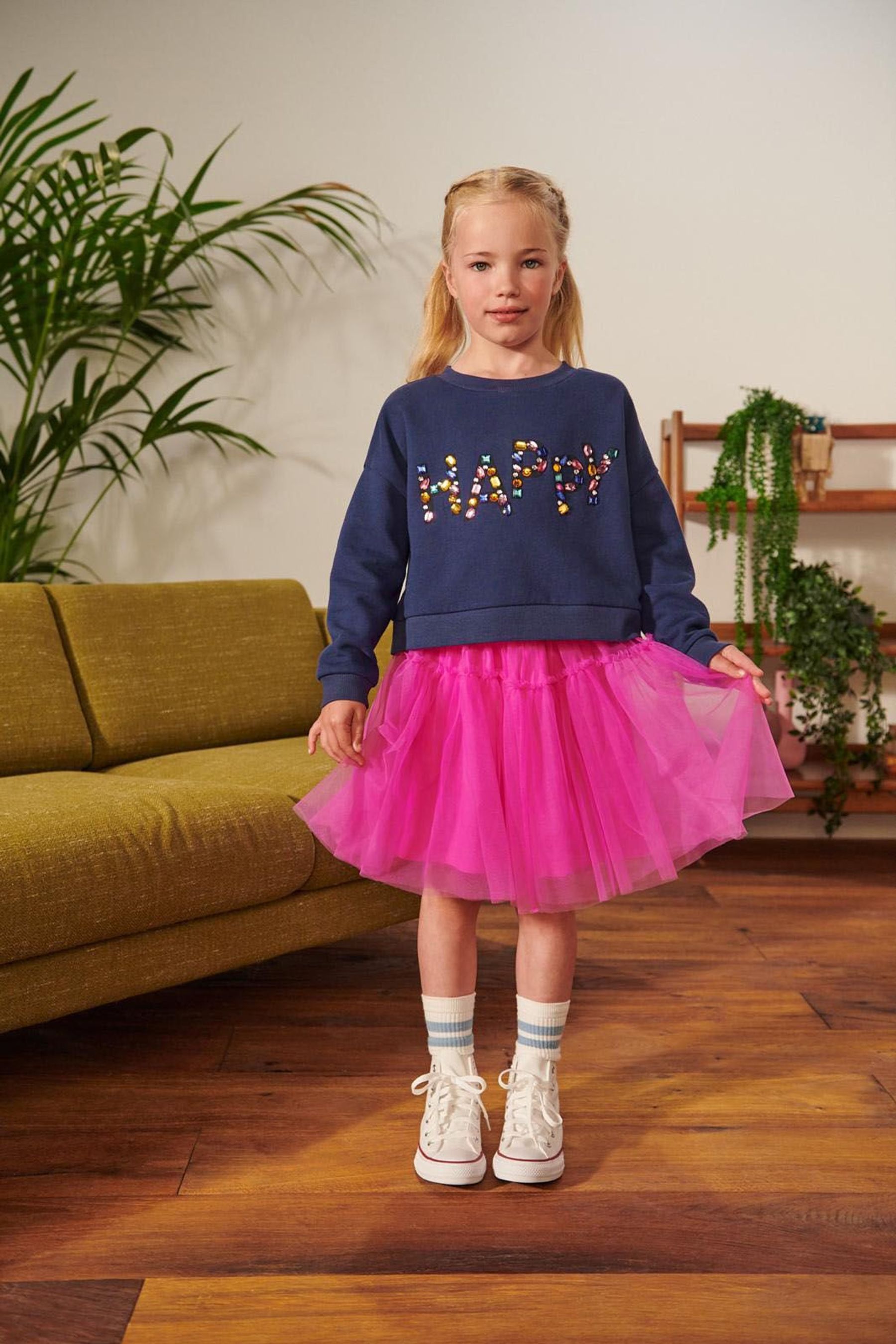 Pink Jewel Embellished Sweatshirt And Tulle Mesh Skirt Set (3-16yrs)