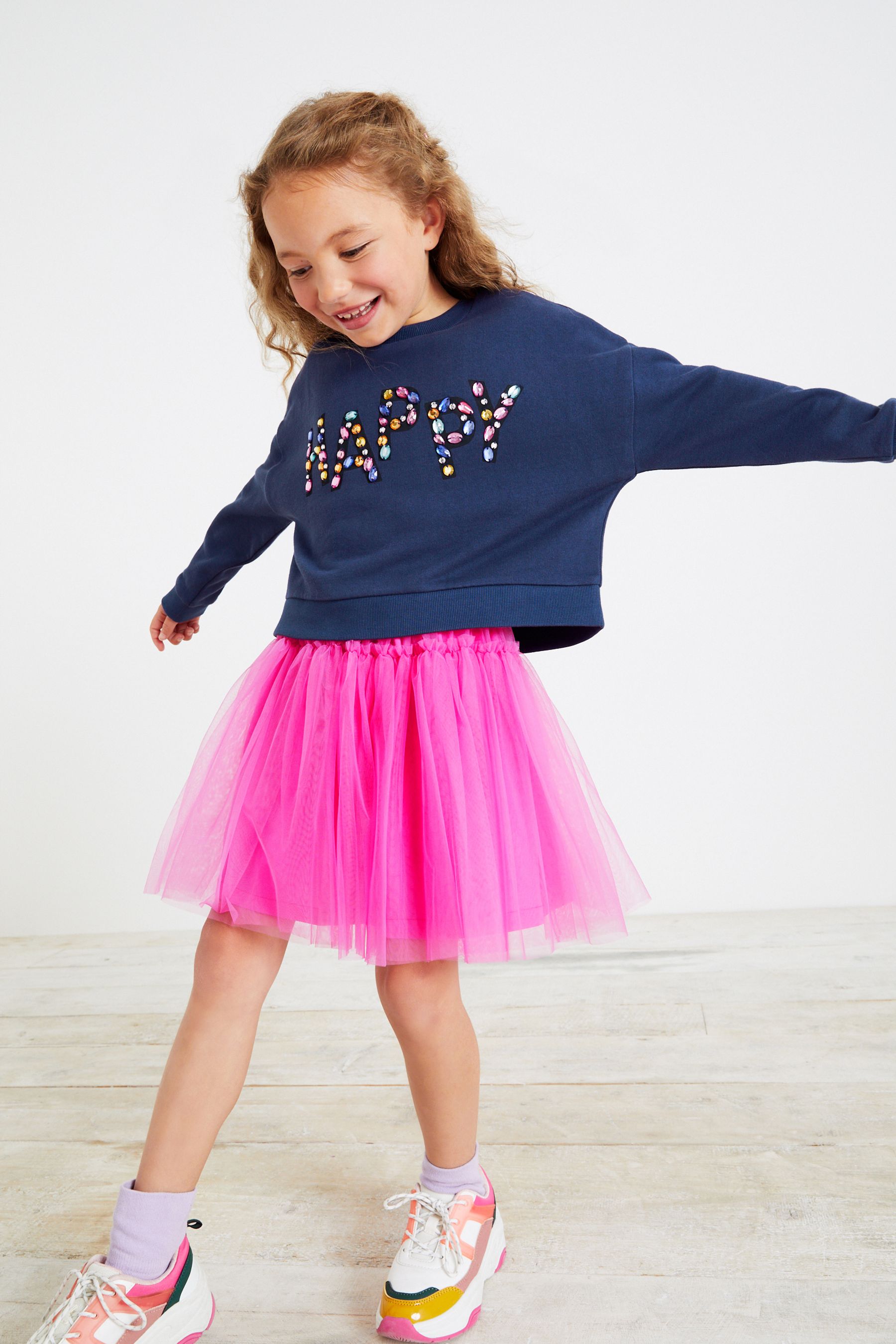 Pink Jewel Embellished Sweatshirt And Tulle Mesh Skirt Set (3-16yrs)