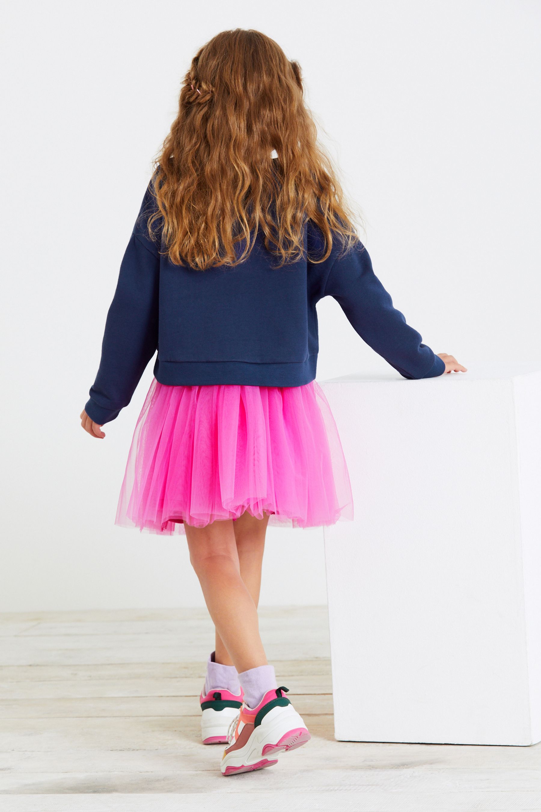 Pink Jewel Embellished Sweatshirt And Tulle Mesh Skirt Set (3-16yrs)