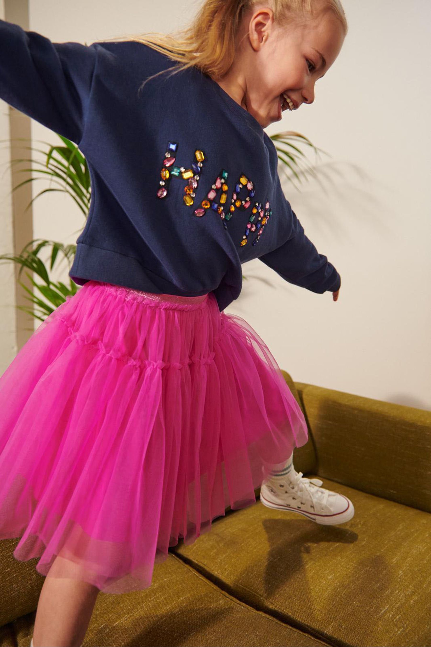 Pink Jewel Embellished Sweatshirt And Tulle Mesh Skirt Set (3-16yrs)