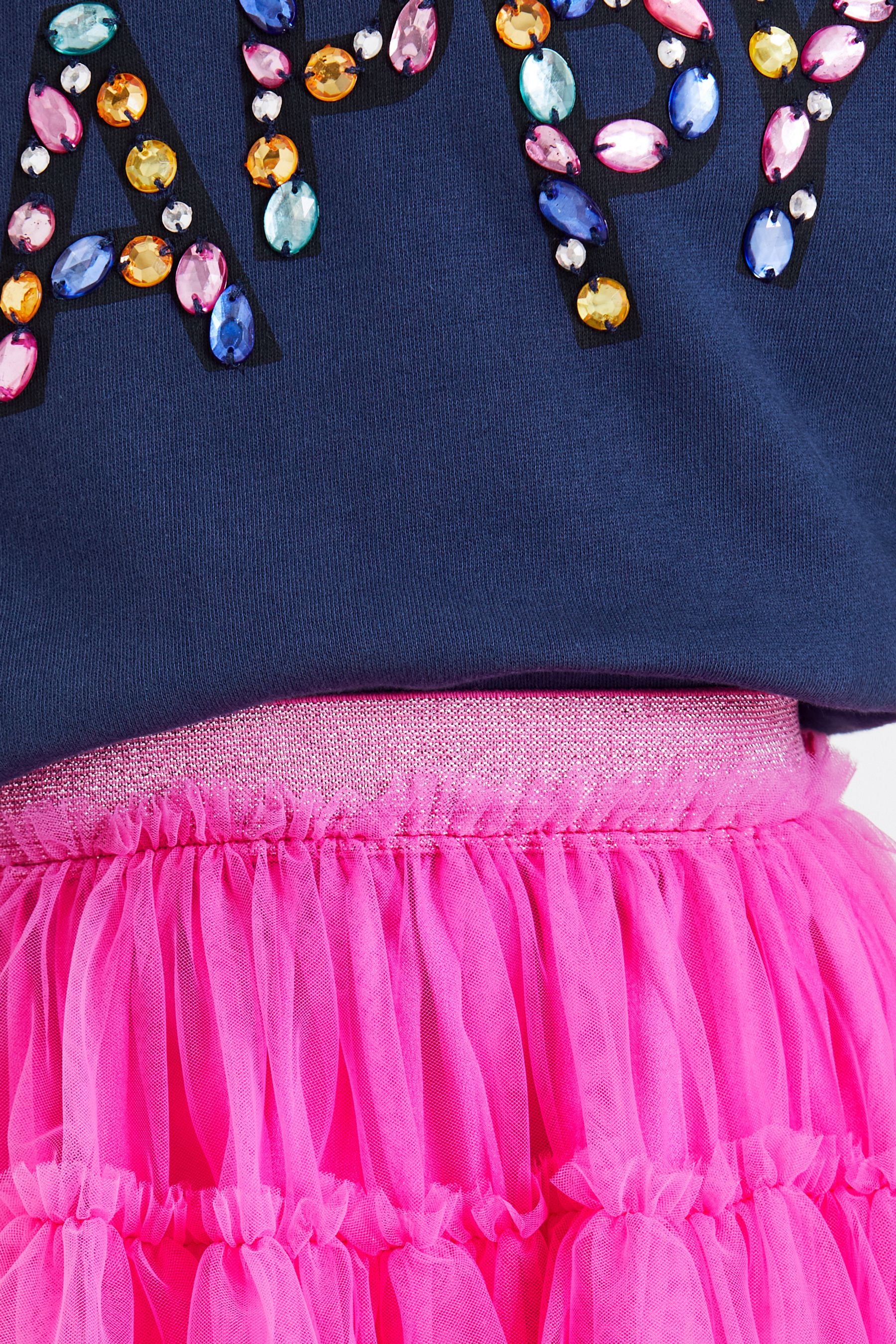 Pink Jewel Embellished Sweatshirt And Tulle Mesh Skirt Set (3-16yrs)