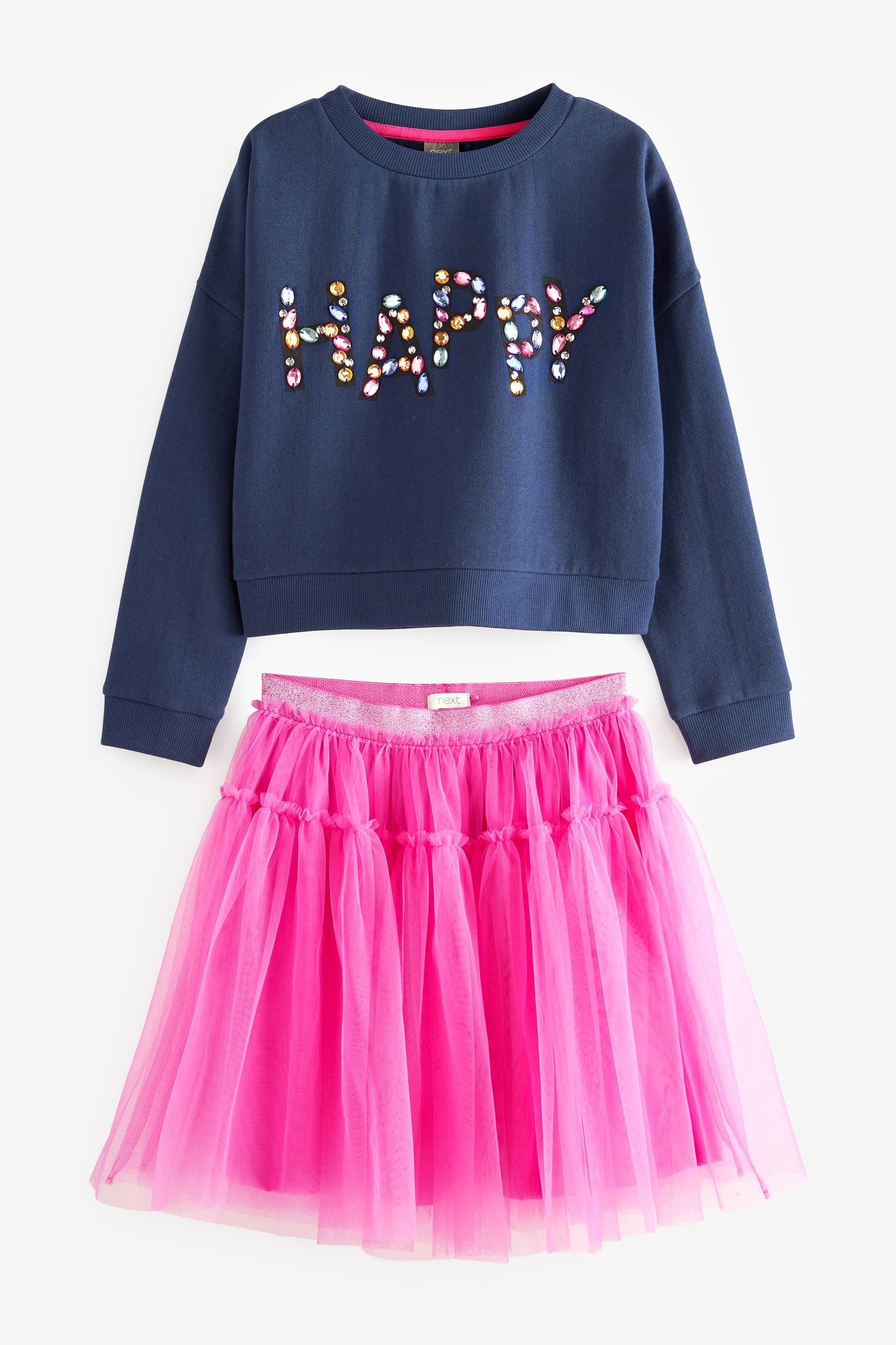 Pink Jewel Embellished Sweatshirt And Tulle Mesh Skirt Set (3-16yrs)