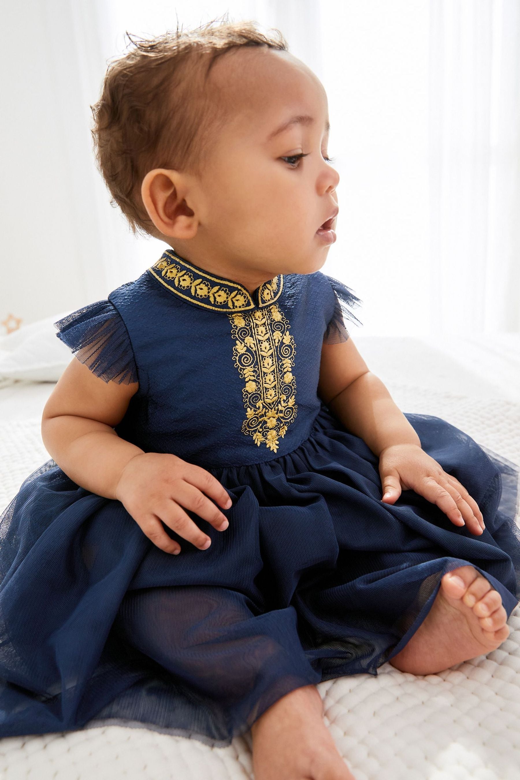 Navy Blue Baby Embroidered Occasion Dress (0mths-2yrs)