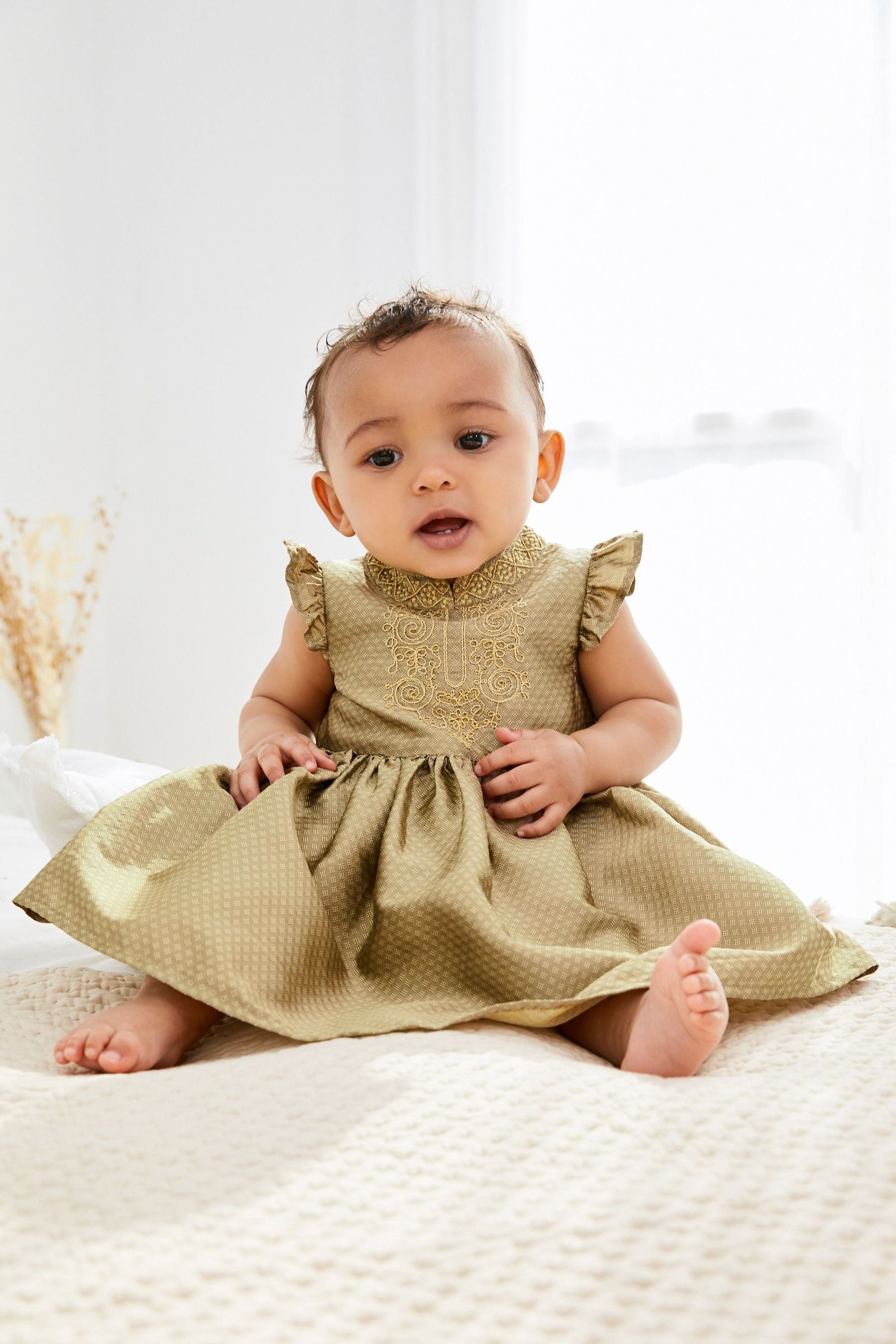 Gold Baby Embroidered Occasion Dress (0mths-2yrs)