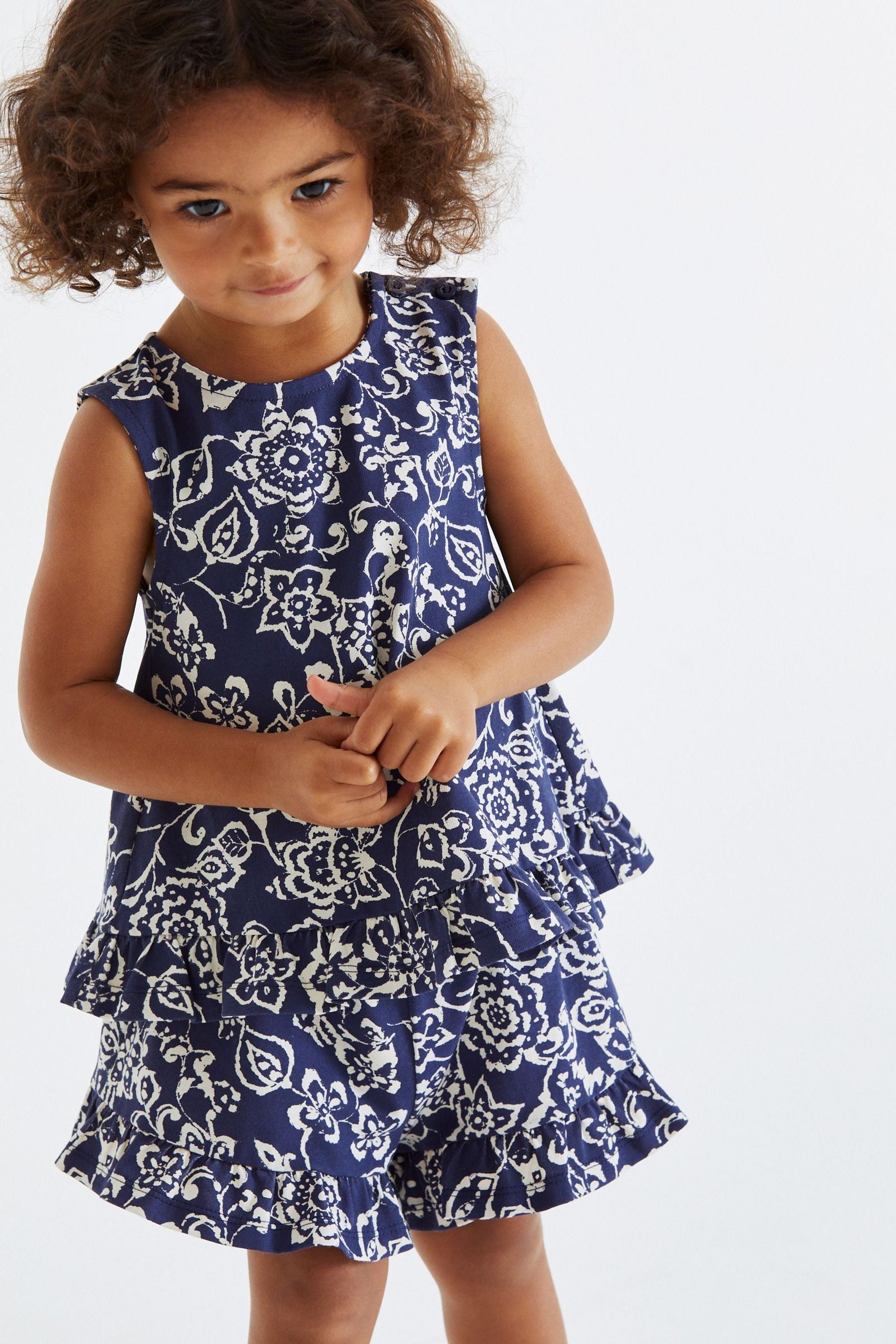 Navy Floral Frill Vest And Shorts Set (3mths-7yrs)