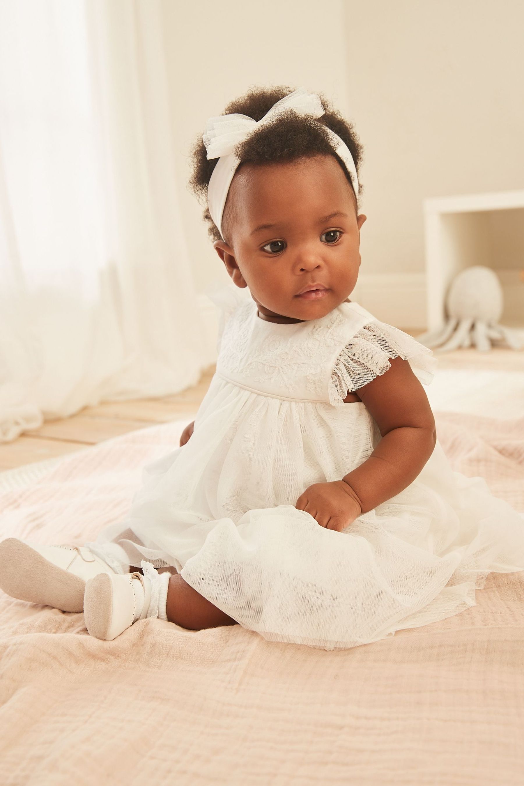 Ecru White Baby Occasion Dress, Knickers and Headband Set (0mths-2yrs)