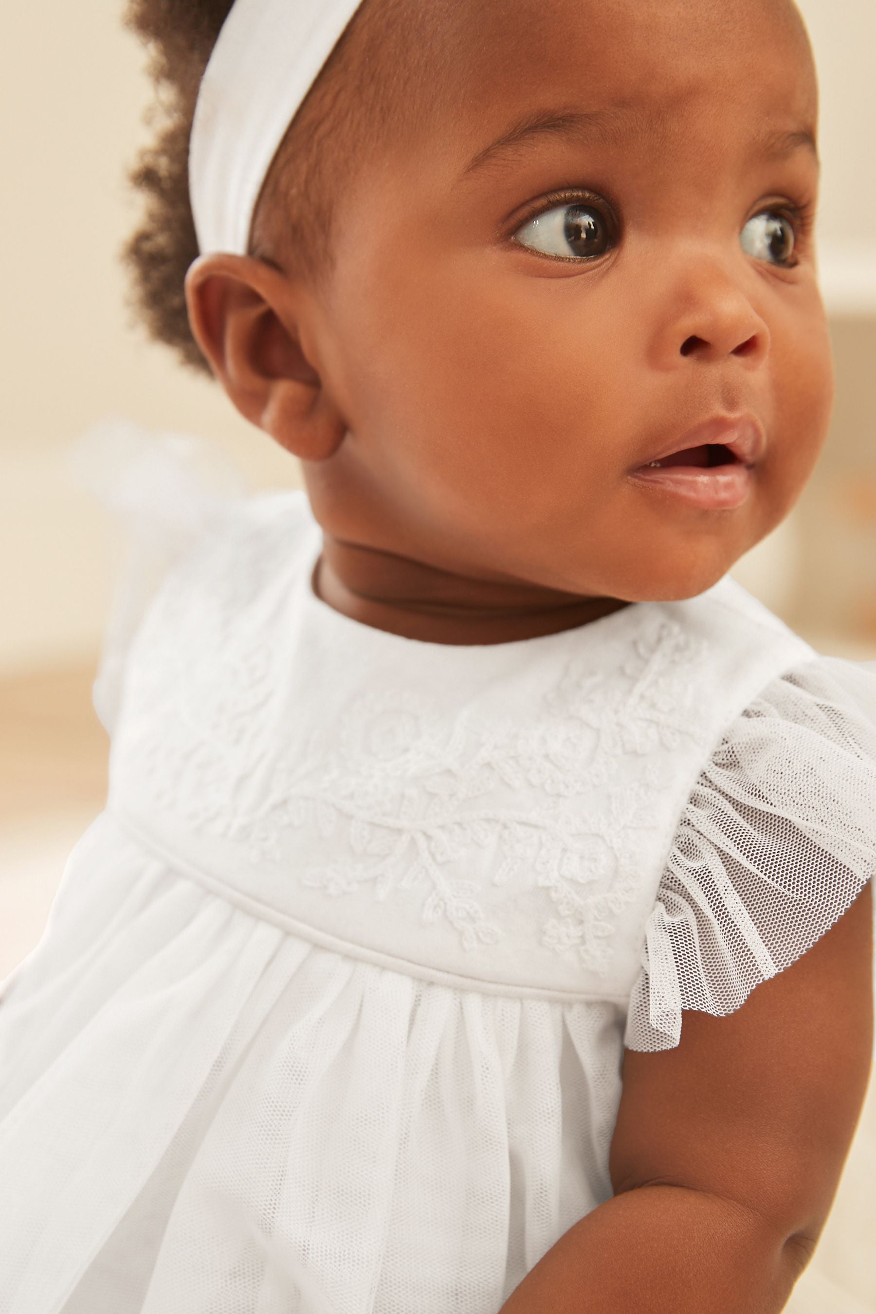 Ecru White Baby Occasion Dress, Knickers and Headband Set (0mths-2yrs)