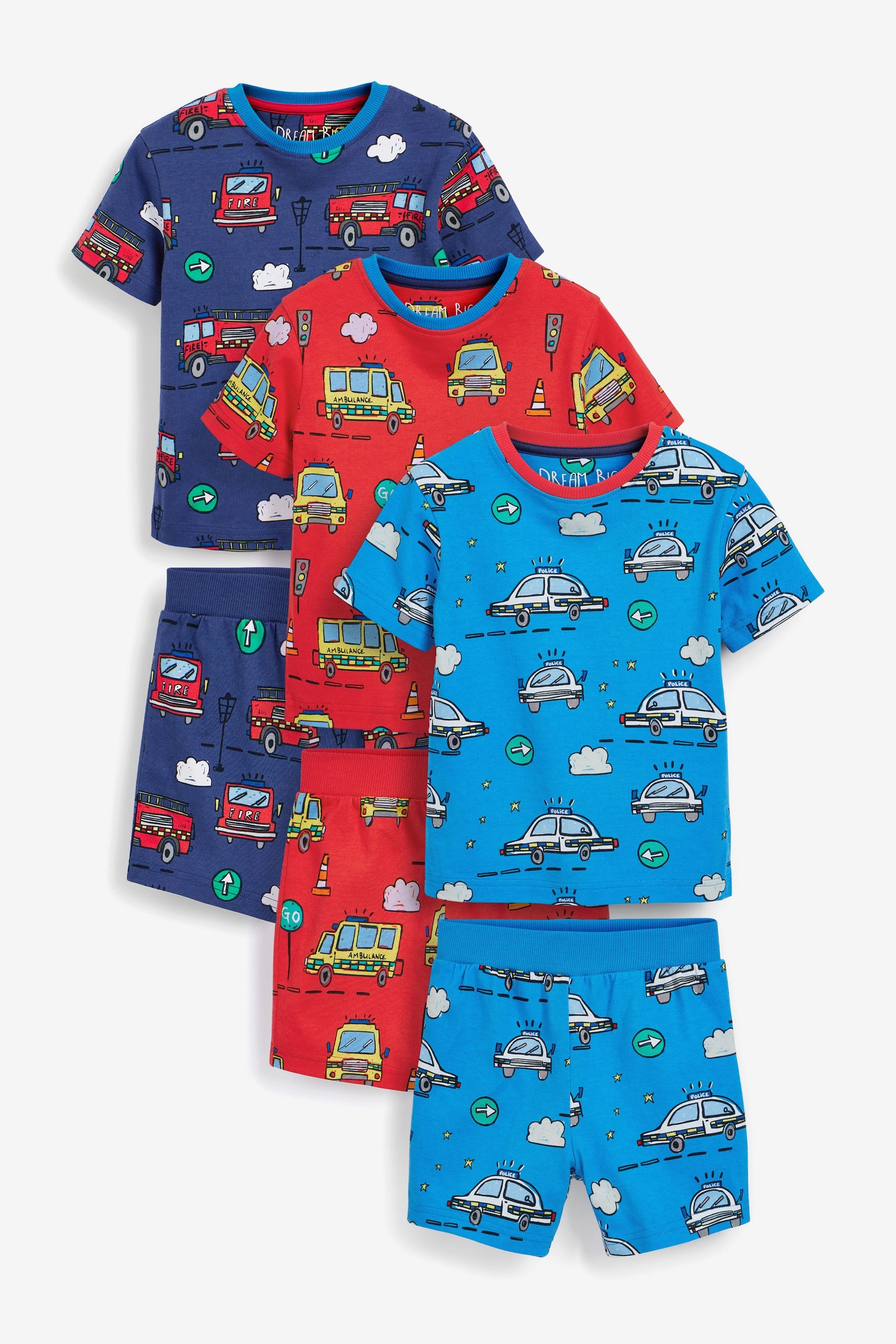 Red/Blue Emergency Vehicles 3 Pack Short Pyjamas (9mths-12yrs)