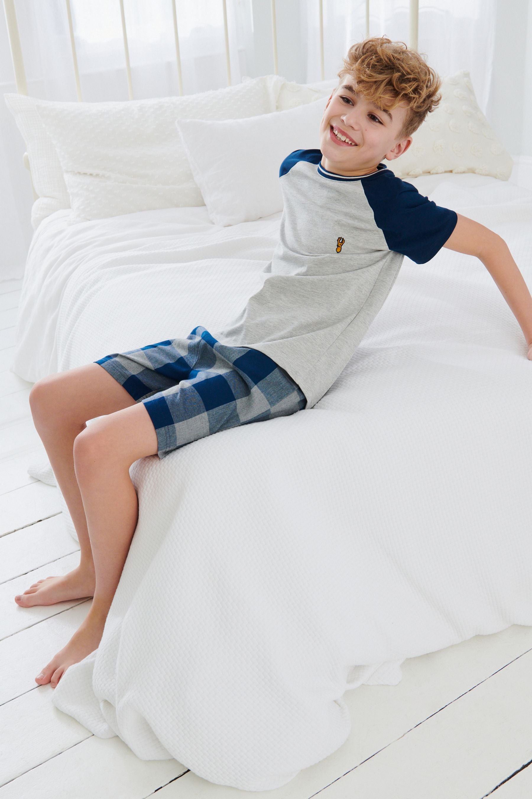 Blue/ Grey 2 Pack Check Short Pyjamas (4-16yrs)