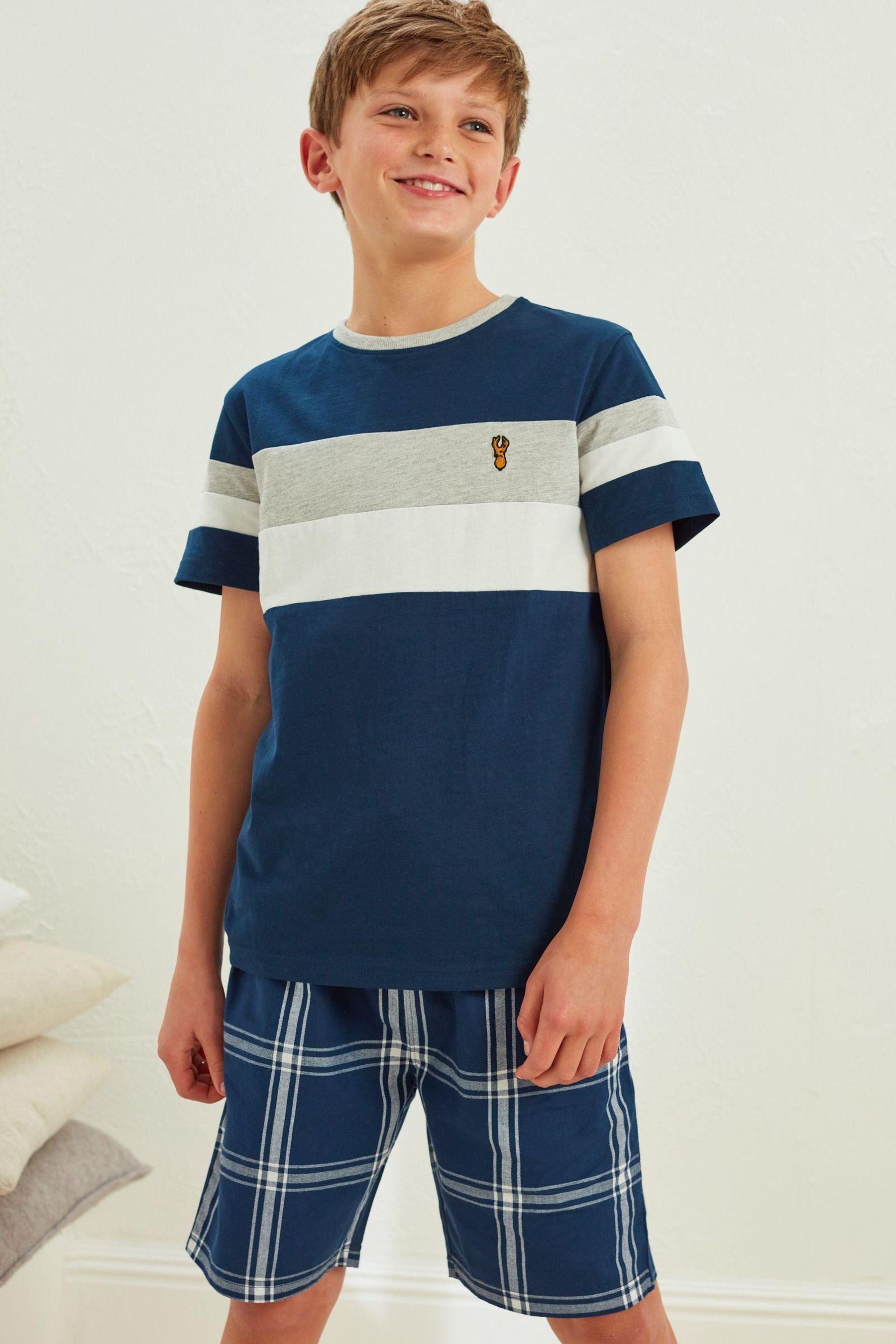 Blue/ Grey 2 Pack Check Short Pyjamas (4-16yrs)