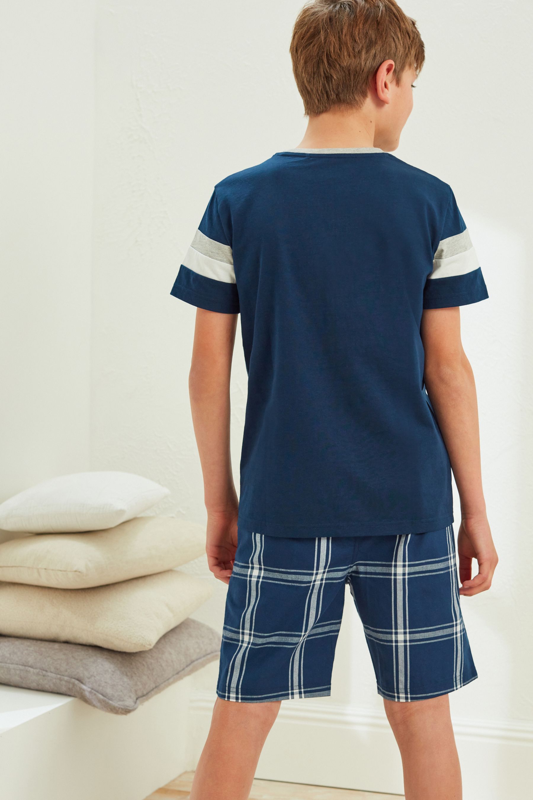 Blue/ Grey 2 Pack Check Short Pyjamas (4-16yrs)