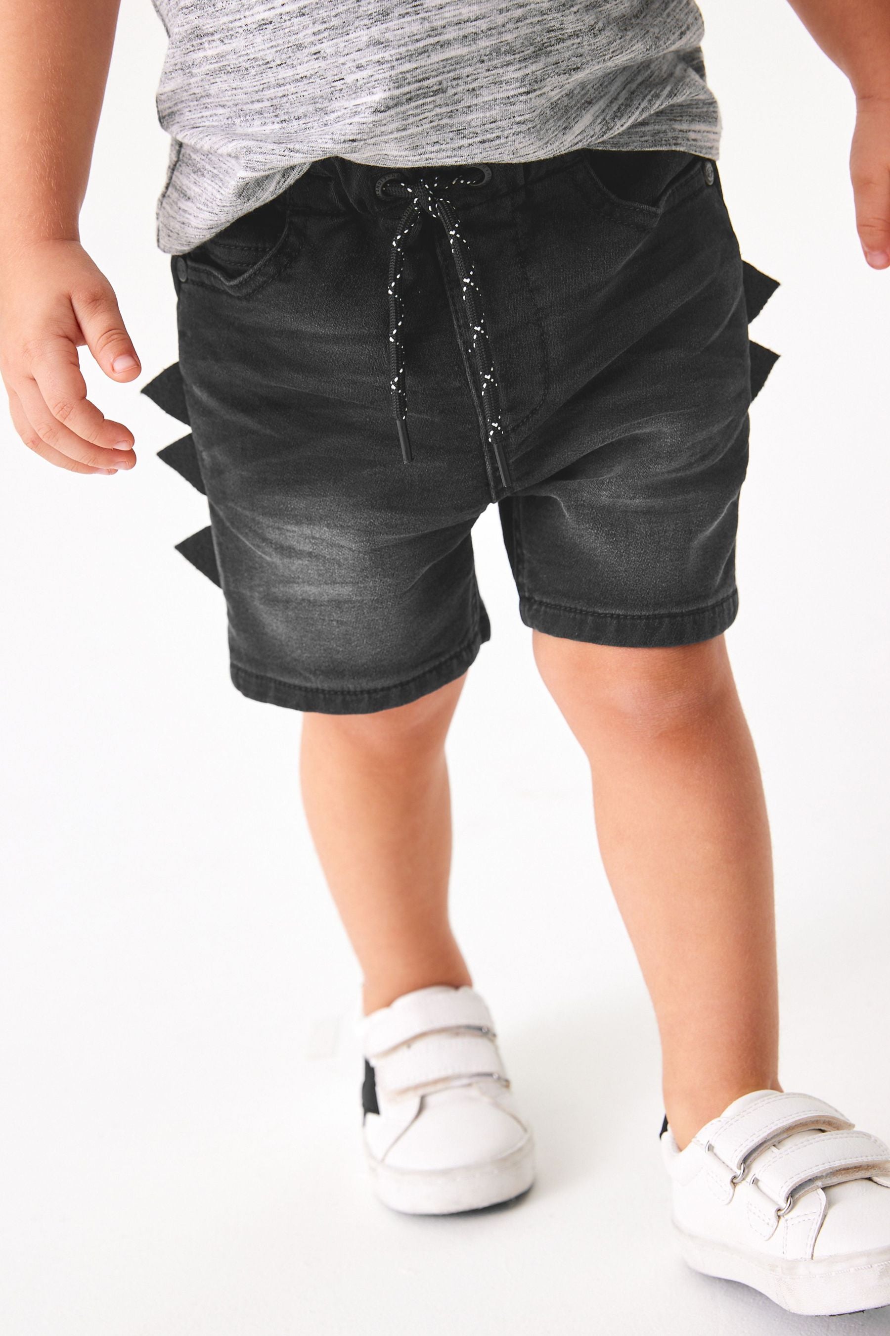 Black Dino Spikes Jersey Denim Shorts (3mths-7yrs)