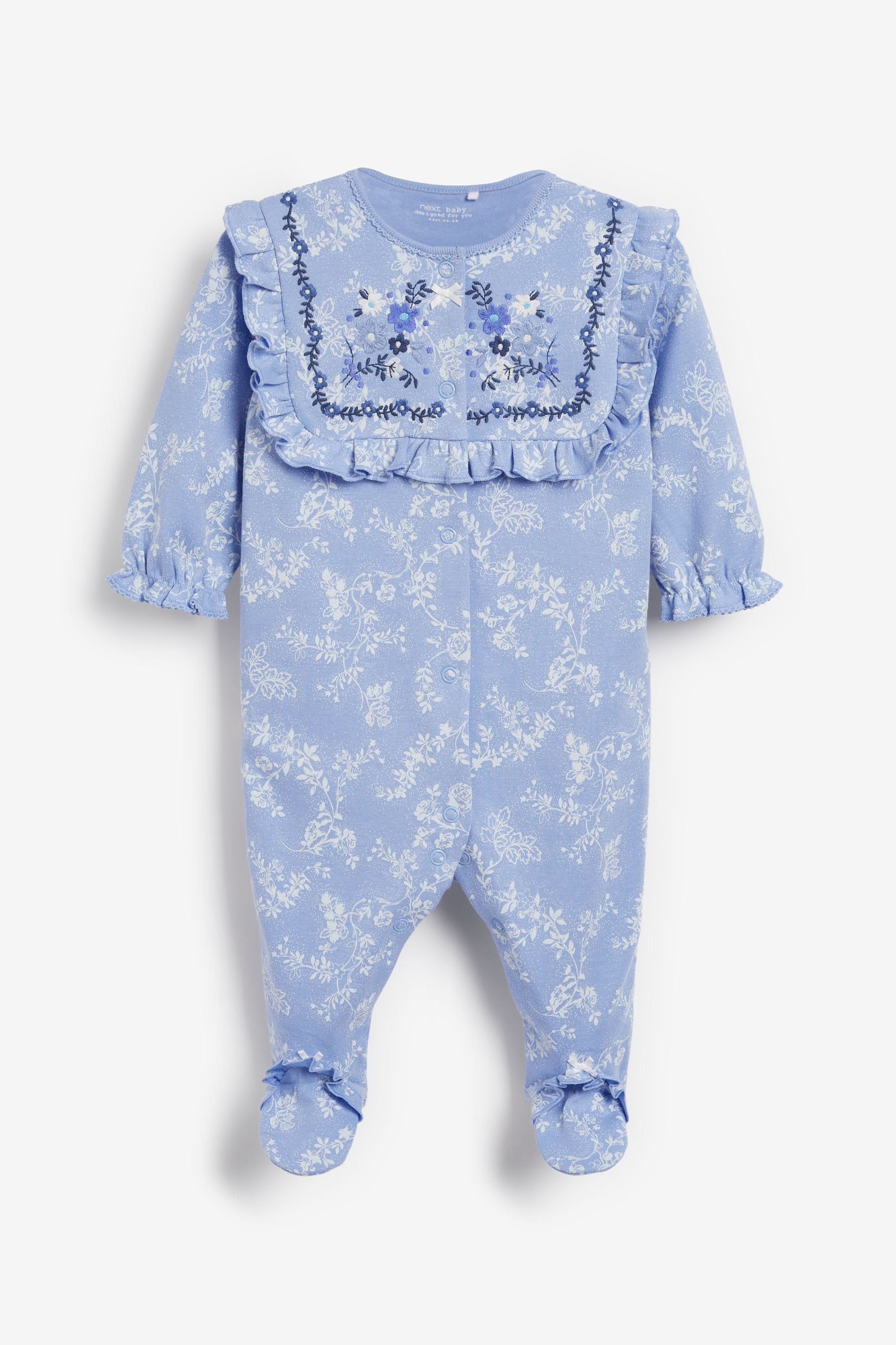 Blue Frill Baby Embroidered Detail Sleepsuits 3 Pack (0-2yrs)