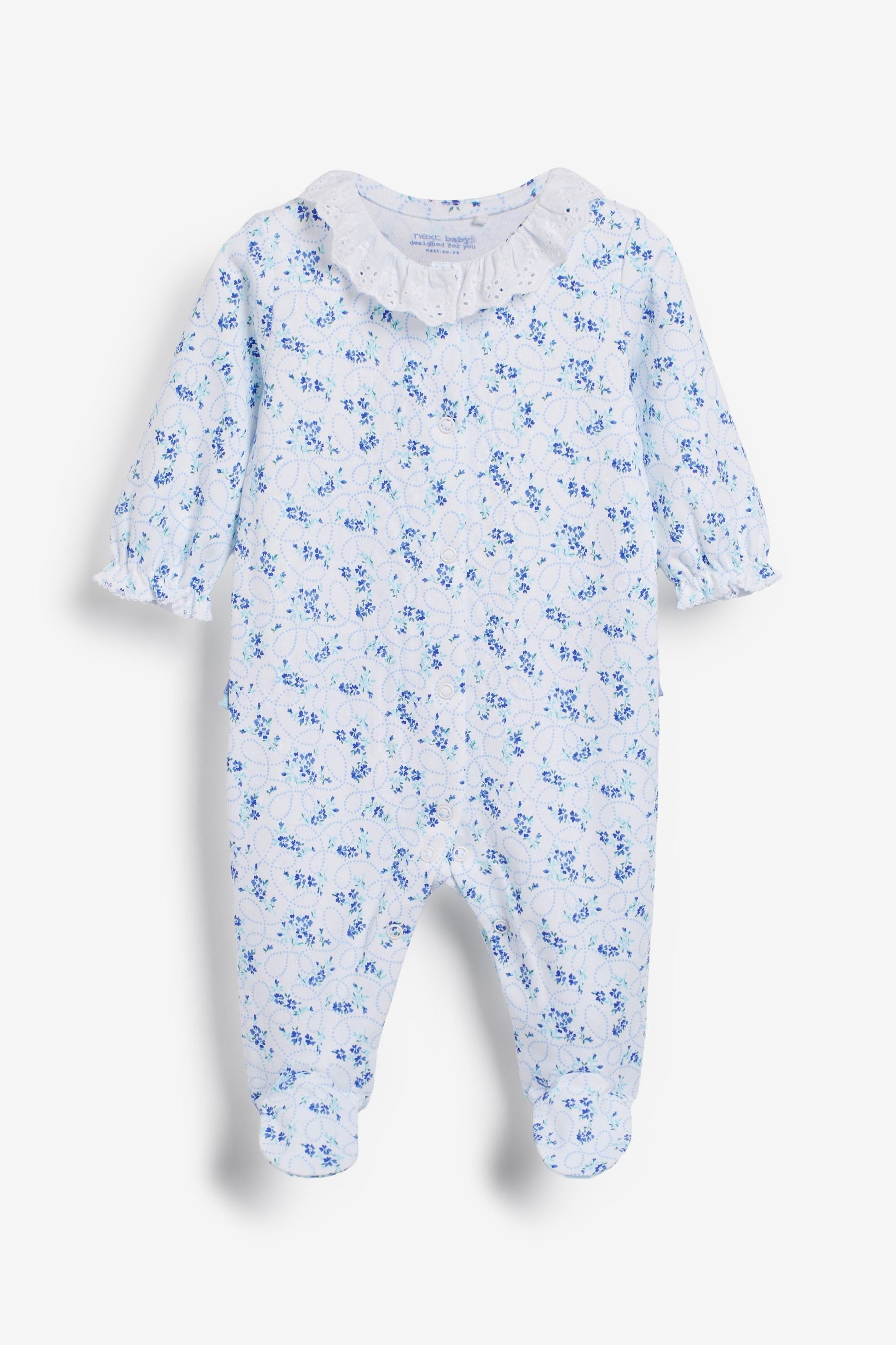 Blue Frill Baby Embroidered Detail Sleepsuits 3 Pack (0-2yrs)