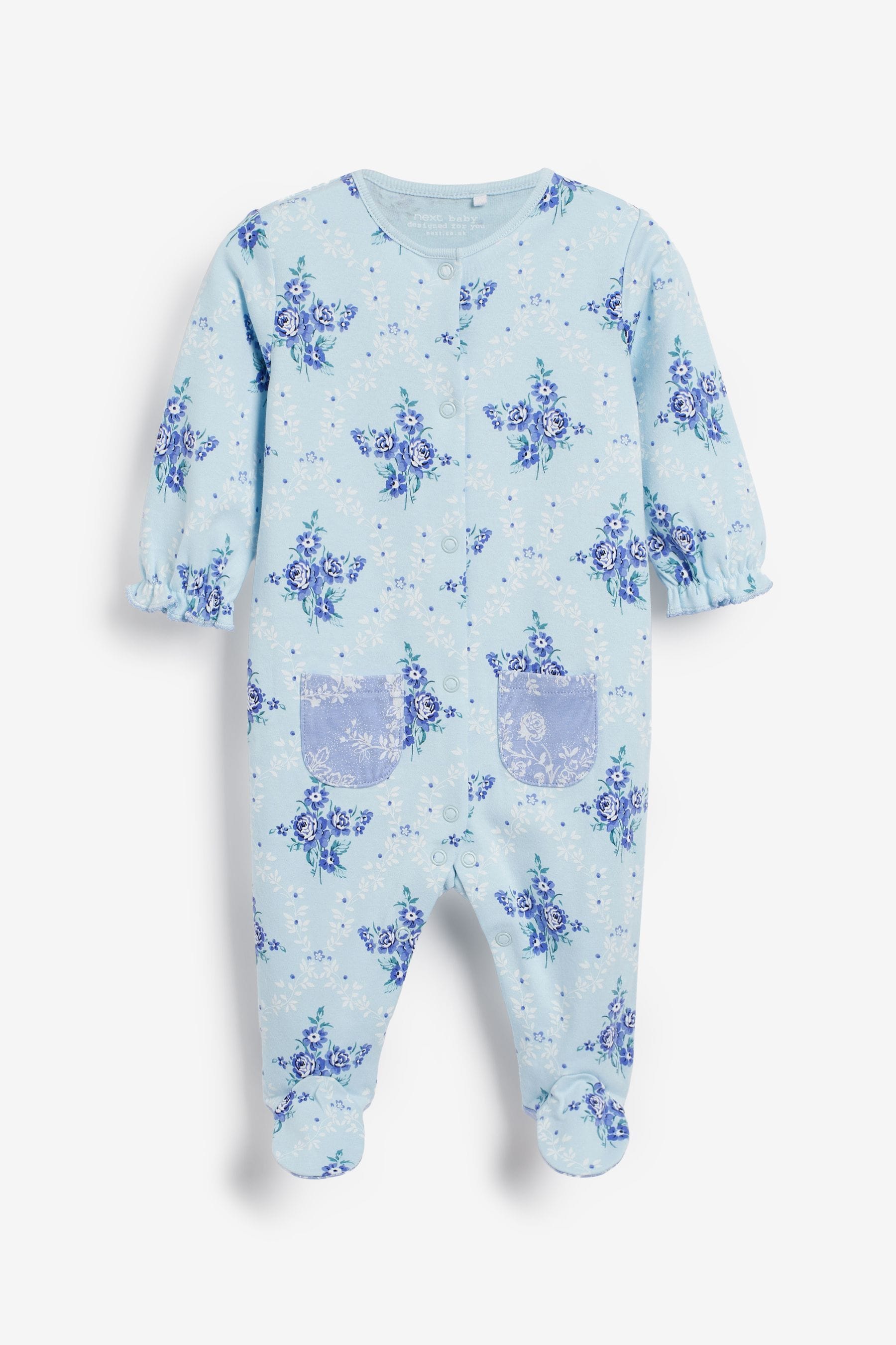 Blue Frill Baby Embroidered Detail Sleepsuits 3 Pack (0-2yrs)