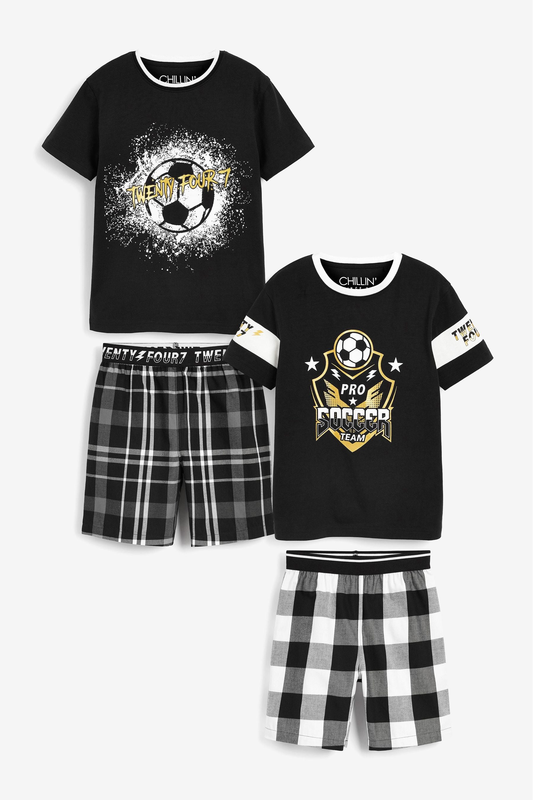 Black/White Football 2 Pack Check Short Pyjamas (3-16yrs)