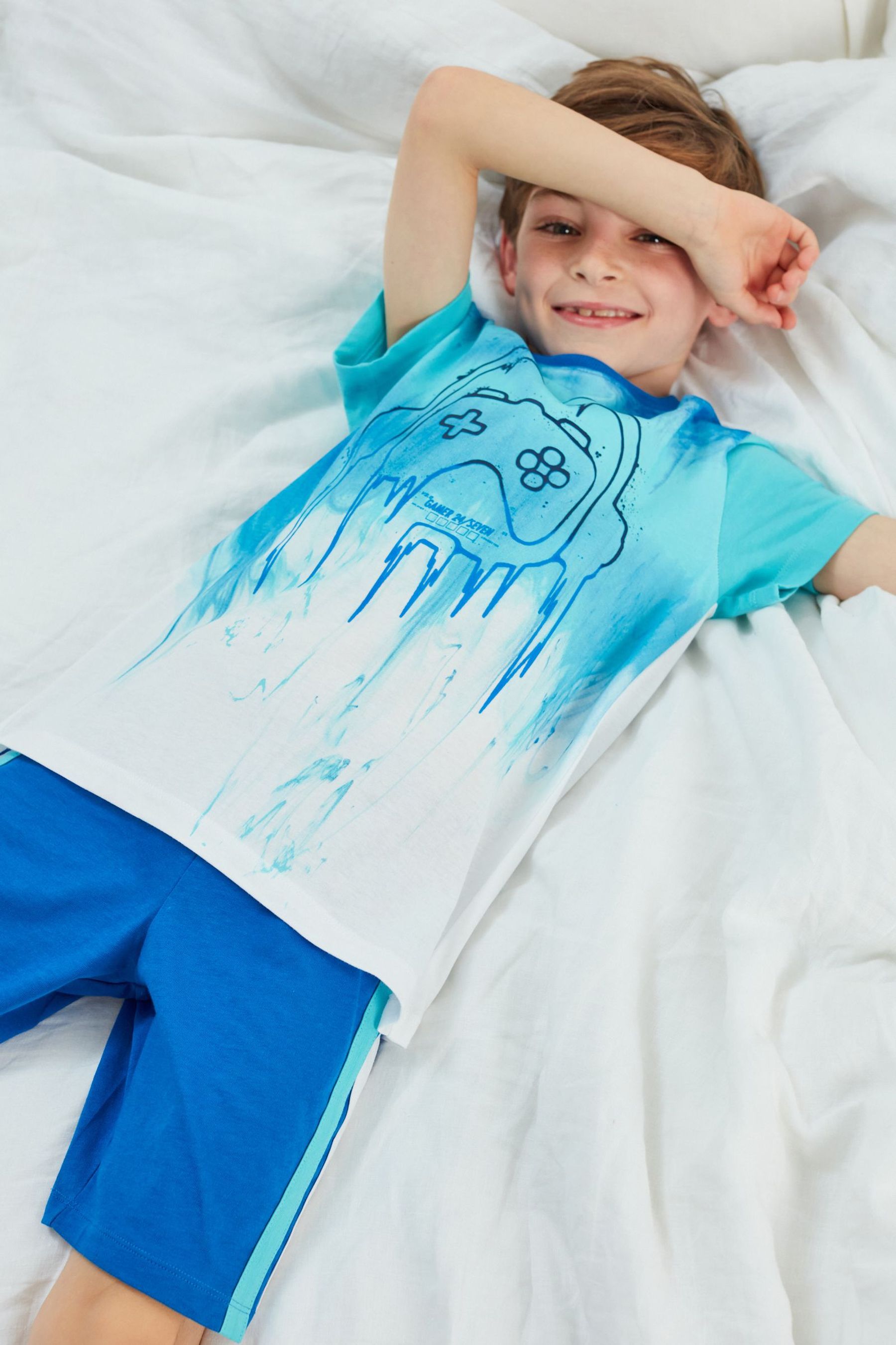 Blue/ White Splat Gamer 2 Pack Short Pyjamas (3-16yrs)