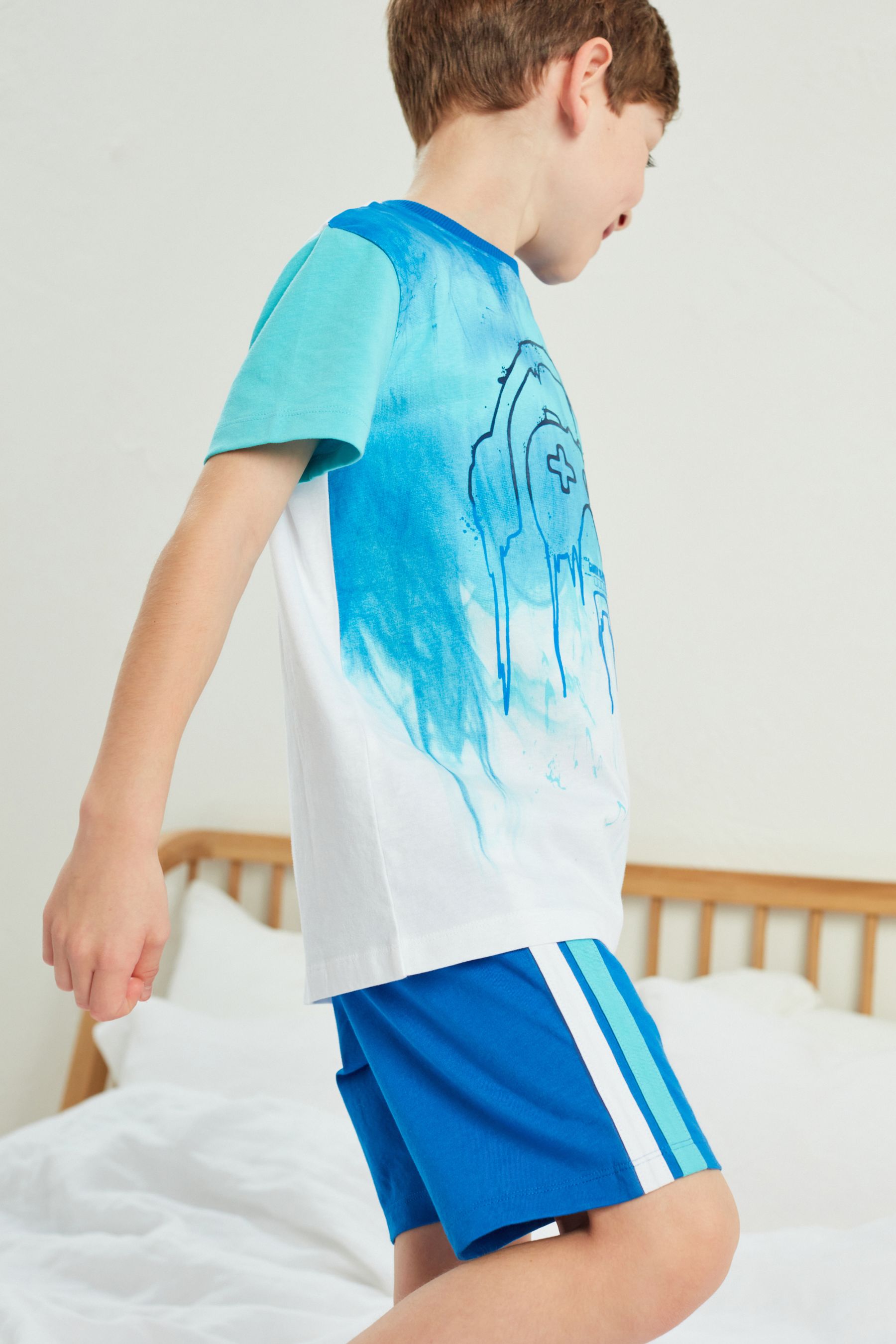 Blue/ White Splat Gamer 2 Pack Short Pyjamas (3-16yrs)