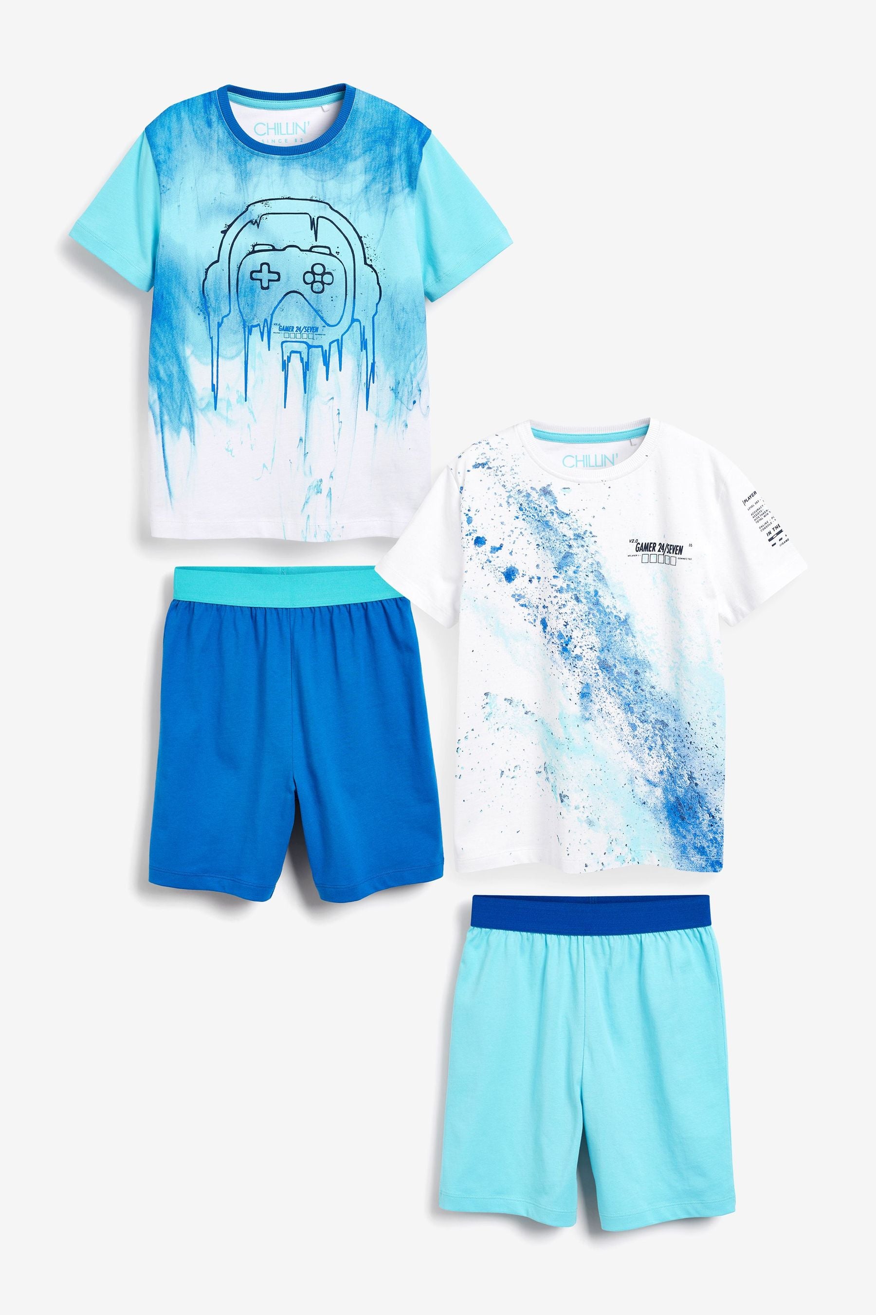 Blue/ White Splat Gamer 2 Pack Short Pyjamas (3-16yrs)