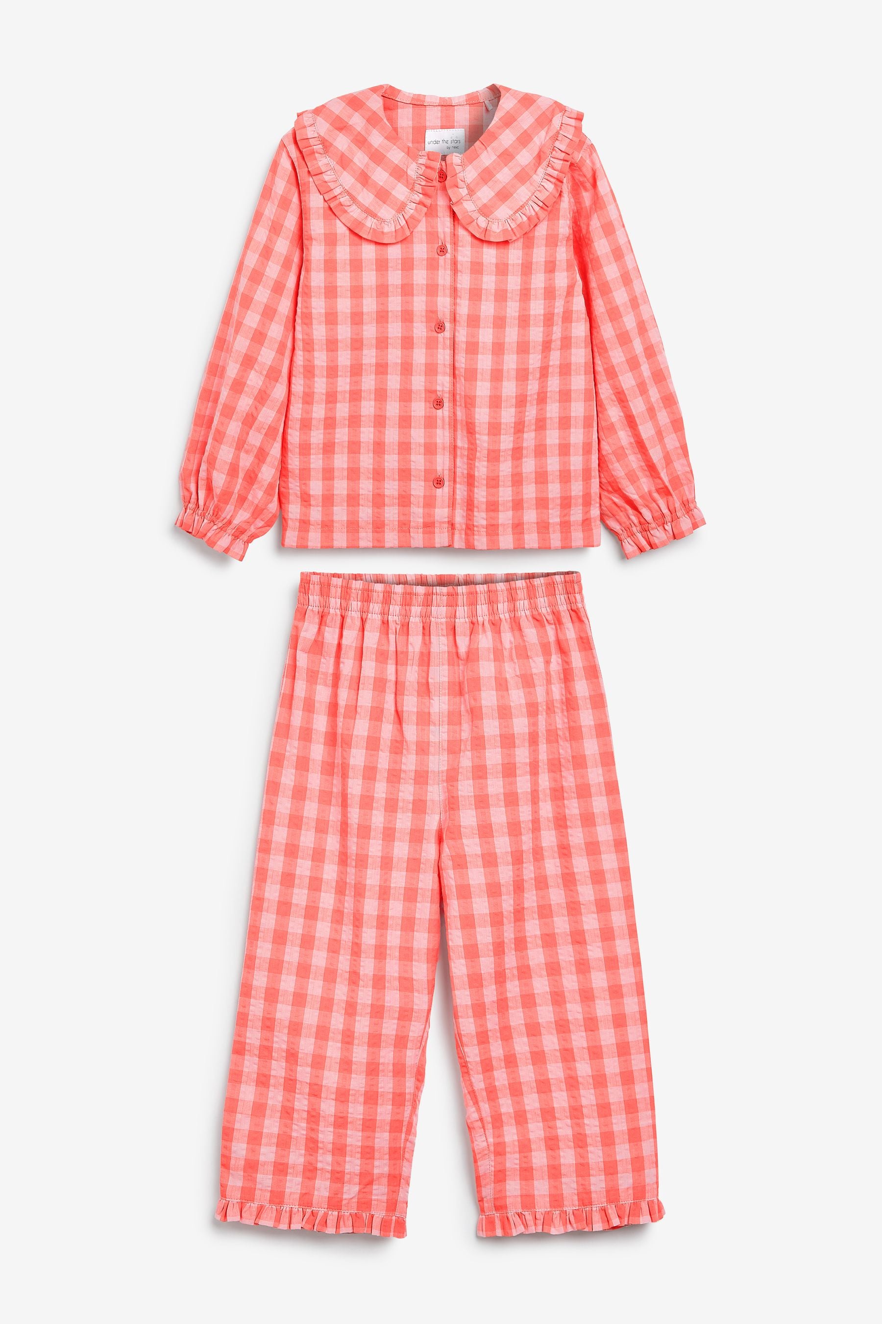 Pink Gingham Button Through Woven Pyjamas With Oversized Collar (3-16yrs)
