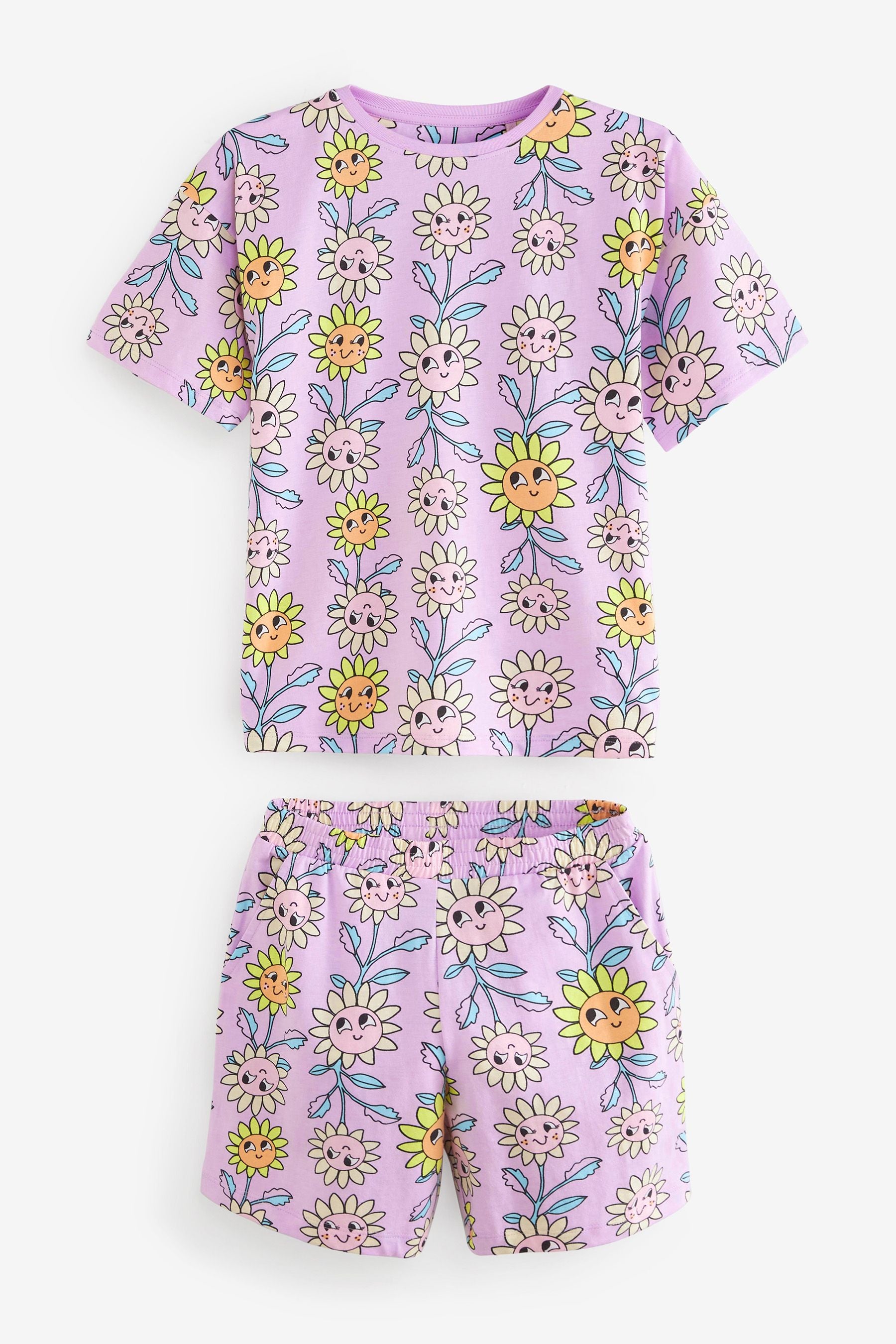 Lilac Purple Sunflower 3 Pack Longline Short Pyjamas (3-16yrs)